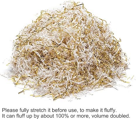 2 LB Crinkle Cut Paper Shred Filler White & Gold Crinkle Shredded Paper for Gift Box - Gift Basket Bag Filler - Grass Cushion Stuffing for Christmas Holiday Packaging Wrapping