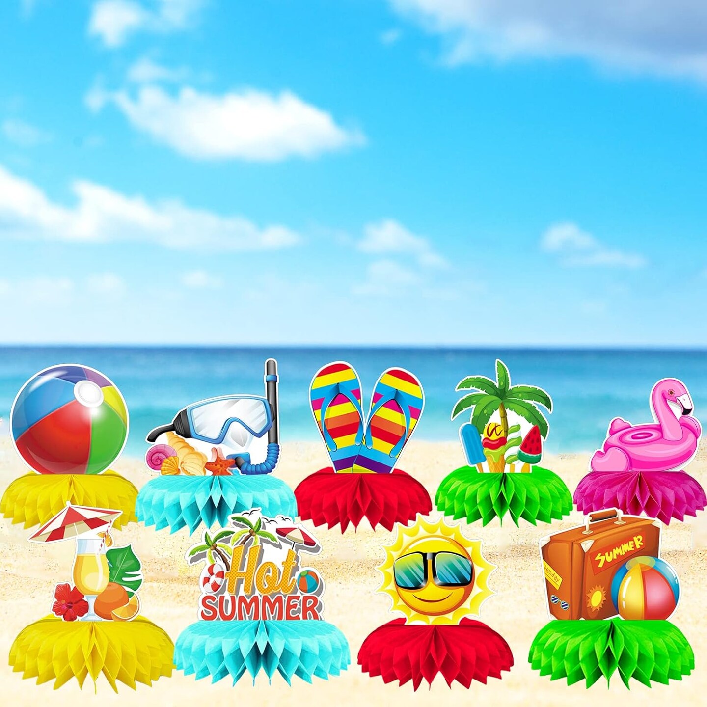Summer Honeycomb Centerpieces, Summer Themed Party Table Decorations, Beach Honeycomb Centerpiece for Pool Table Decorations, 9 Pcs