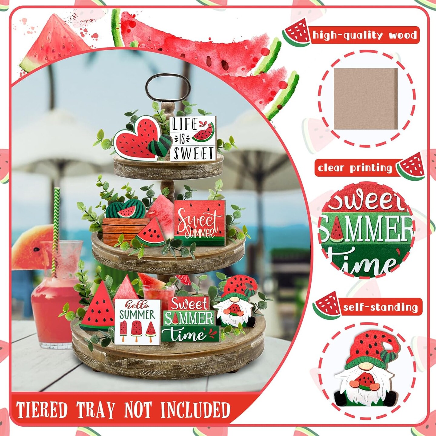 Summer Tiered Tabletop Decor, Farmhouse Watermelon Tray Decorations, Hello Summer Sweet Watermelon Gnome Wooden Signs, Rustic Summer Home Decor for Table Mantel Office Holiday Party