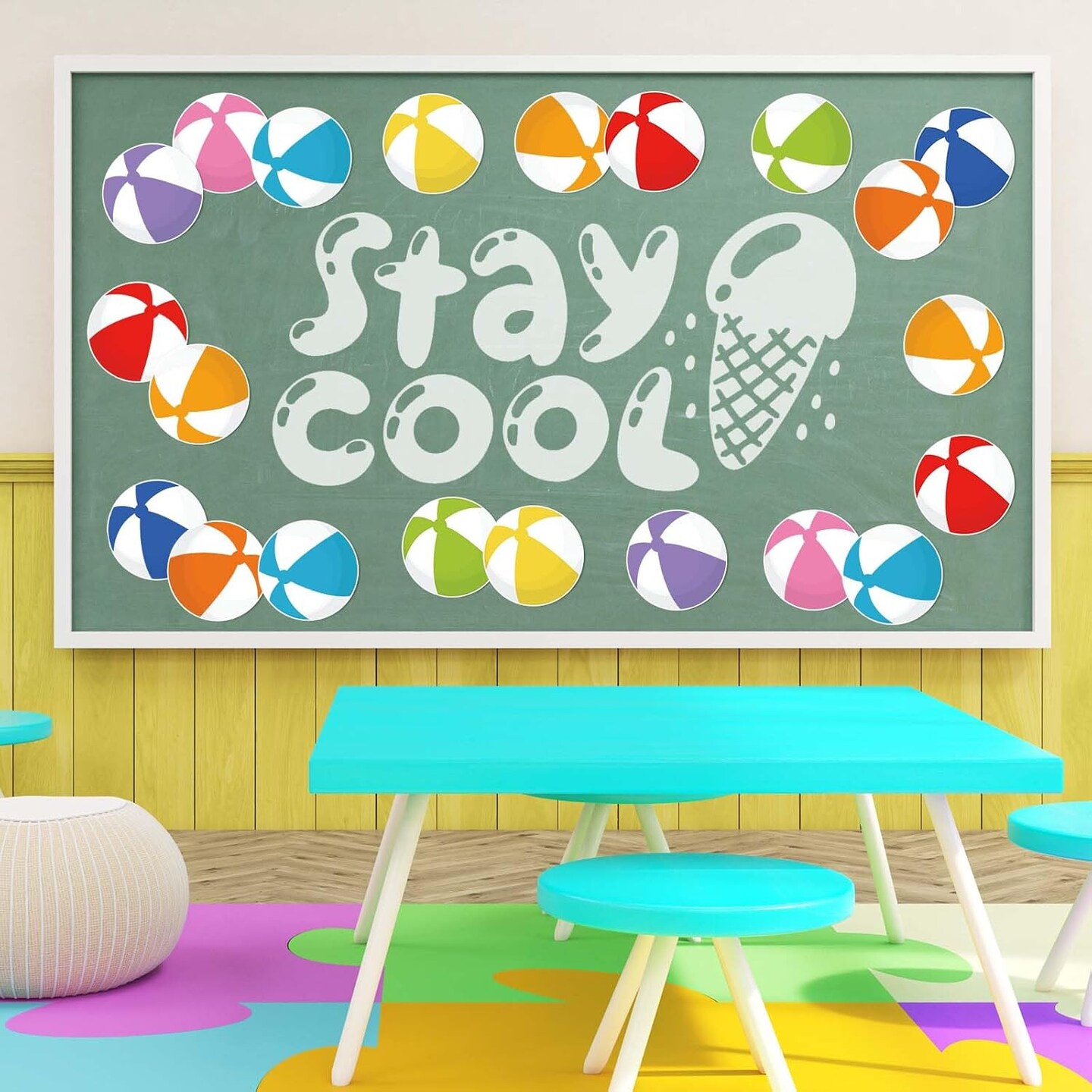 45Pcs Summer Cutouts Colorful Beach Ball Paper Cut-Outs 9 Colors Pool Ball Bulletin Board Decor with 100Pcs Glue Points for DIY Art Craft Wall Home Party