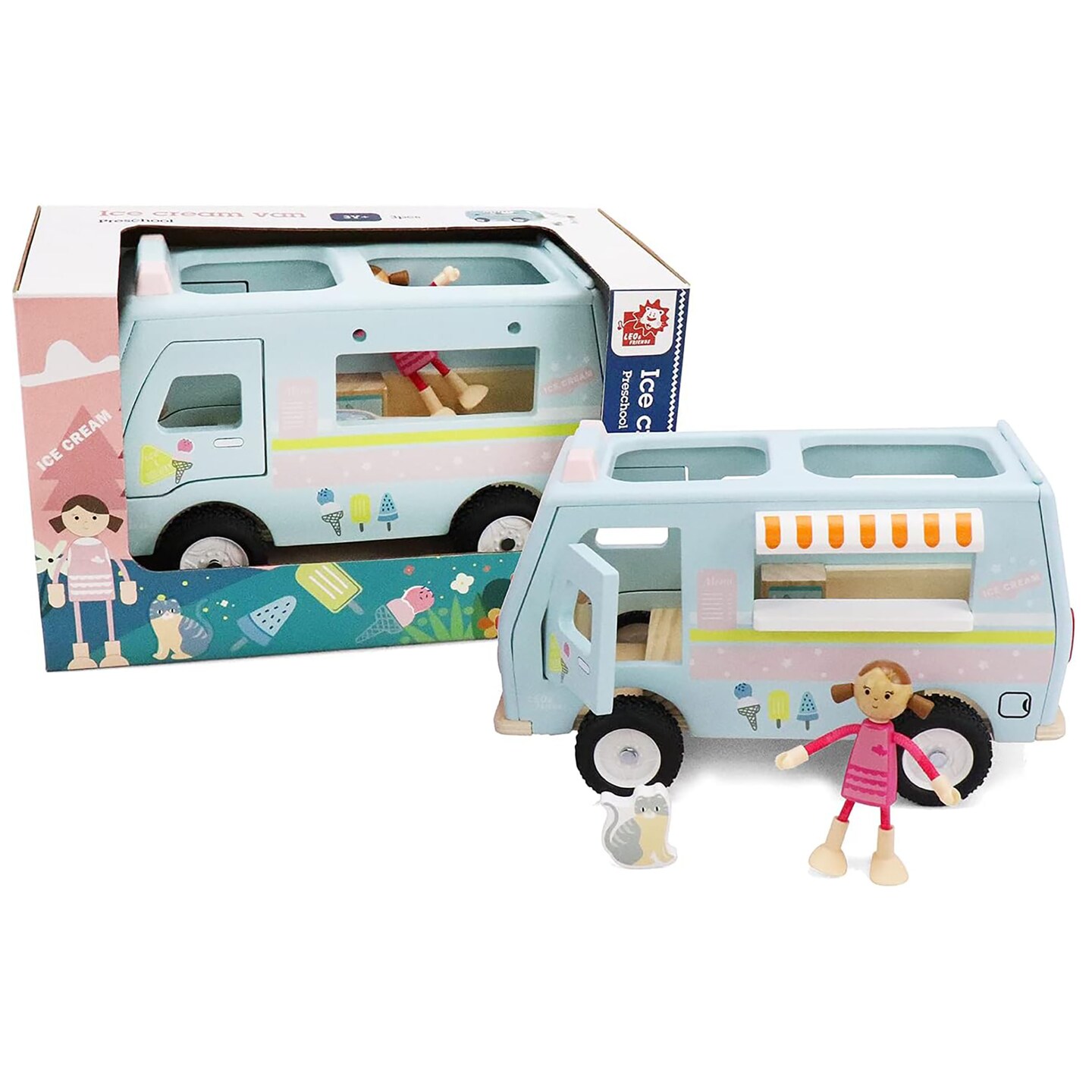 LEO &#x26; FRIENDS: Wooden Ice Cream Van - Pastel 3 Piece Toy Playset, Push &#x26; Pull Dessert Truck W/ Opening Doors, Girl Doll Figurine &#x26; Cat, Kids Ages 3+