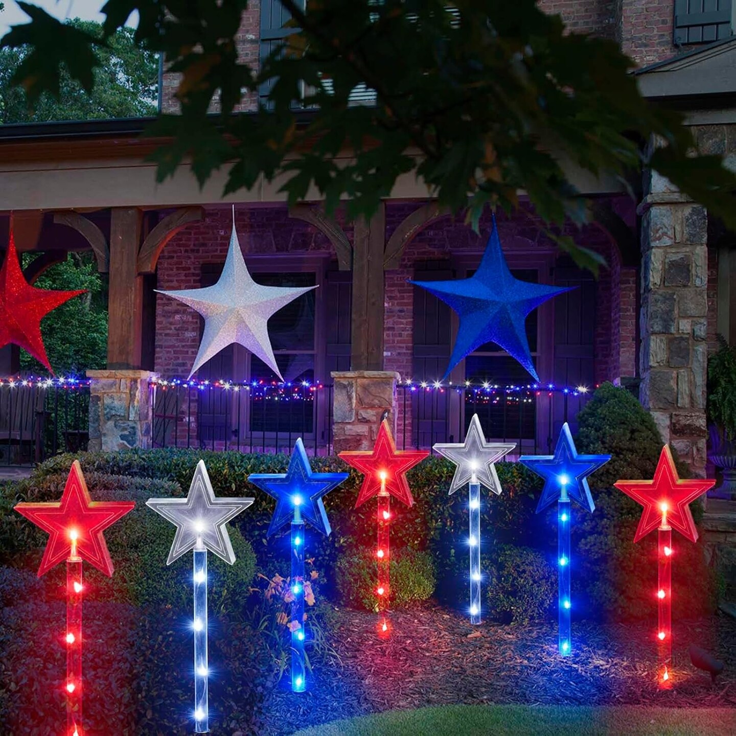 Upgraded Set of 9 Solar Pathway Lights for 4th of July Decorations, Outdoor Waterproof Red White and Blue Star Lights for Outside Porch Yard Grave Cemetery Independence Day Memorial Day Decor