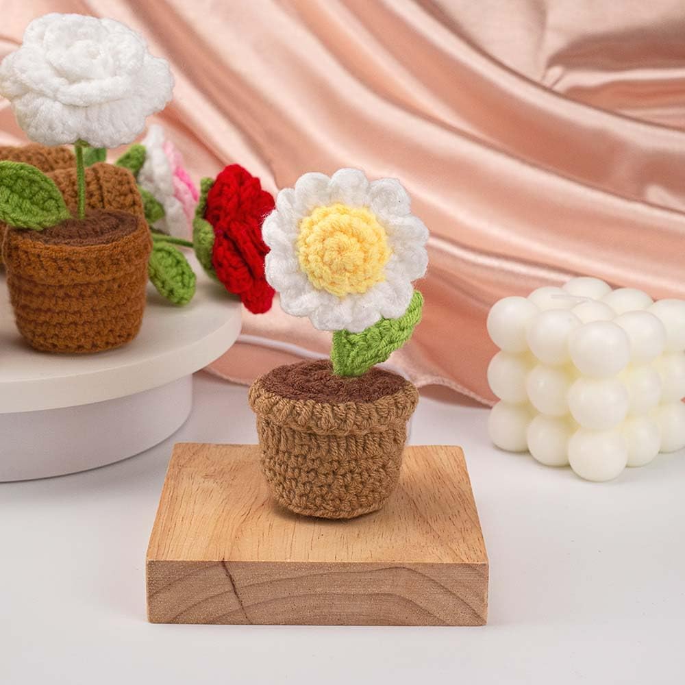 Handmade Crochet Flowers,Small Potted Knitted Desk Decorations Home Decoration Car Dashboard Decorations Crochet Artificial Flower (Daisy)