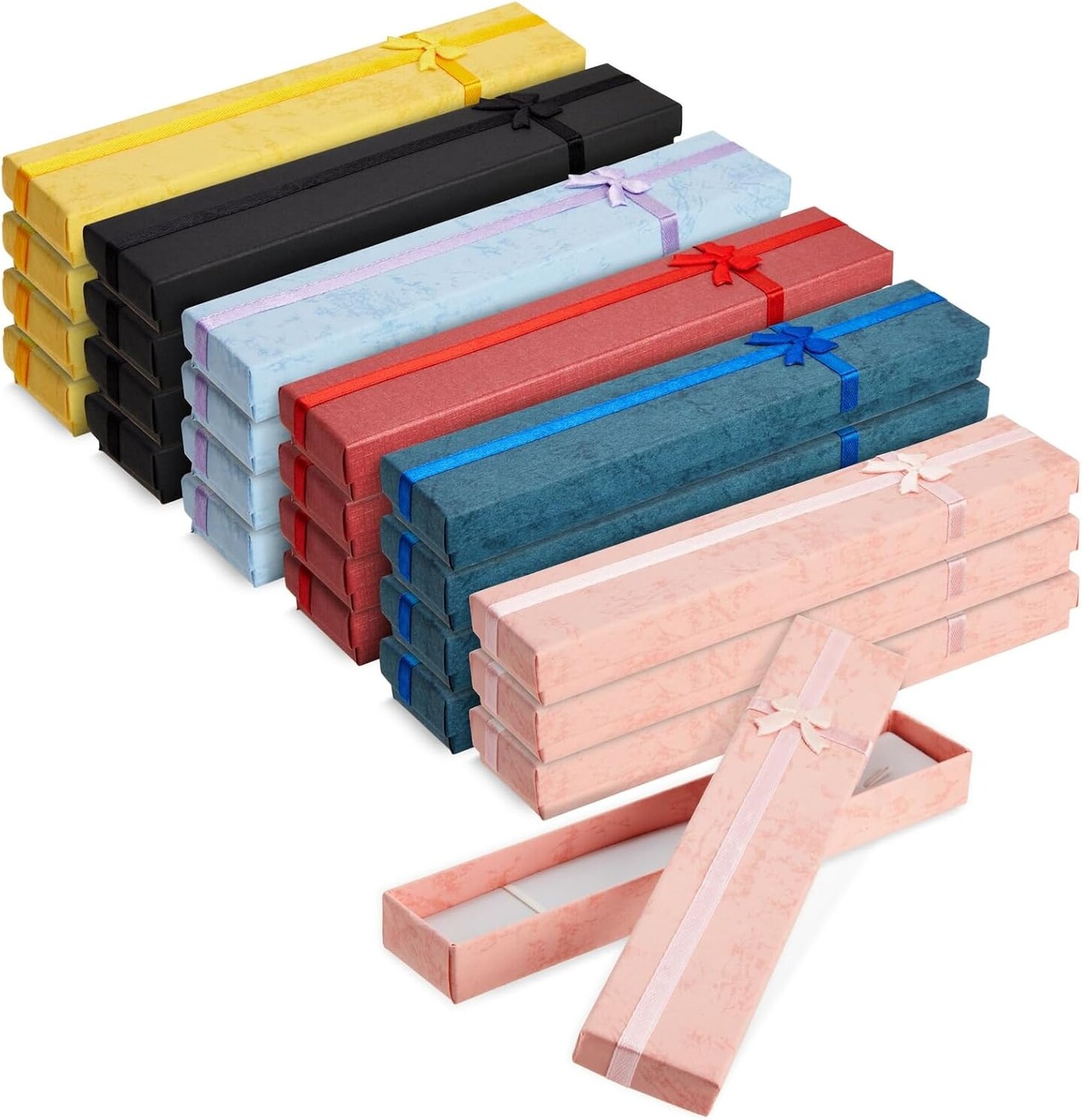 Necklace Gift Boxes – 24 Pack, 6 Colors, 7.9 x 1.6 in – Jewelry Boxes with Foam Inserts & Ribbon Knot for Necklaces, Bracelets, and Accessories