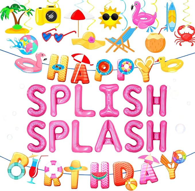 Girls Pool Party Happy Birthday Banner Pool Party Balloons Decoration Summer Birthday Decorations Splish Splash Birthday Decorations Beach Birthday Party Decorations