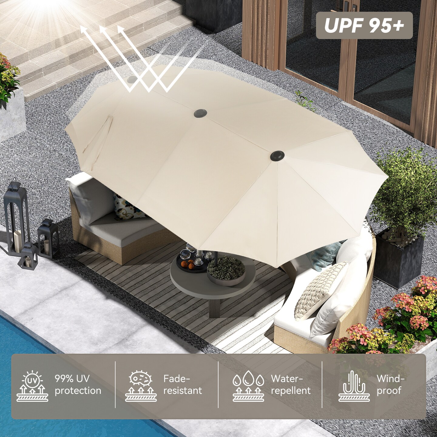 13ft Outdoor Patio Umbrella, Double Sided Market Rectangle Umbrella with Crank Handle,Large Sun Shade for Outside Deck,Backyard,Garden&#xFF08;Beige&#xFF09;