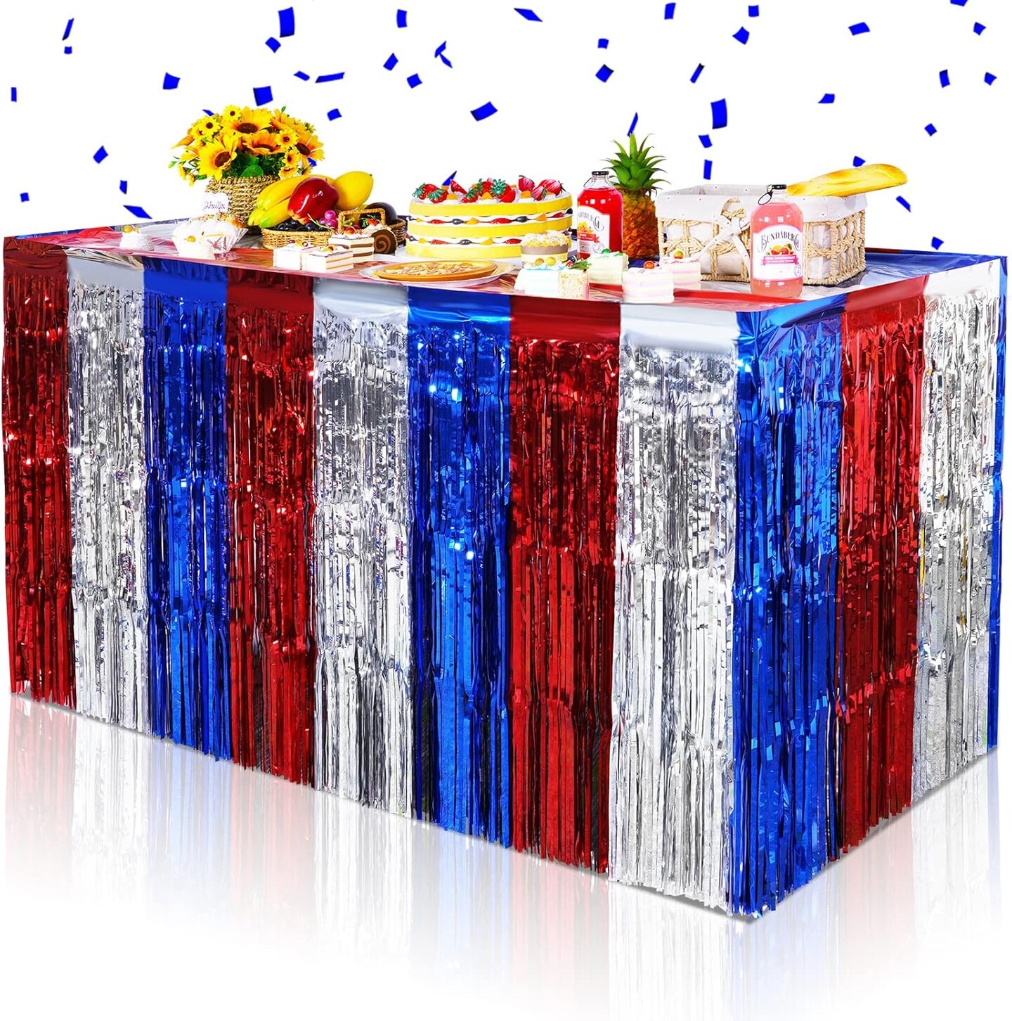 6 Pack 4th of July Table Skirt Decorations, Red Silver and Blue Patriotic Metallic Foil Fringe Tinsel Table Skirts, Fourth of July Table Decorations for Independence Memorial Veterans Day, 29x108 Inch