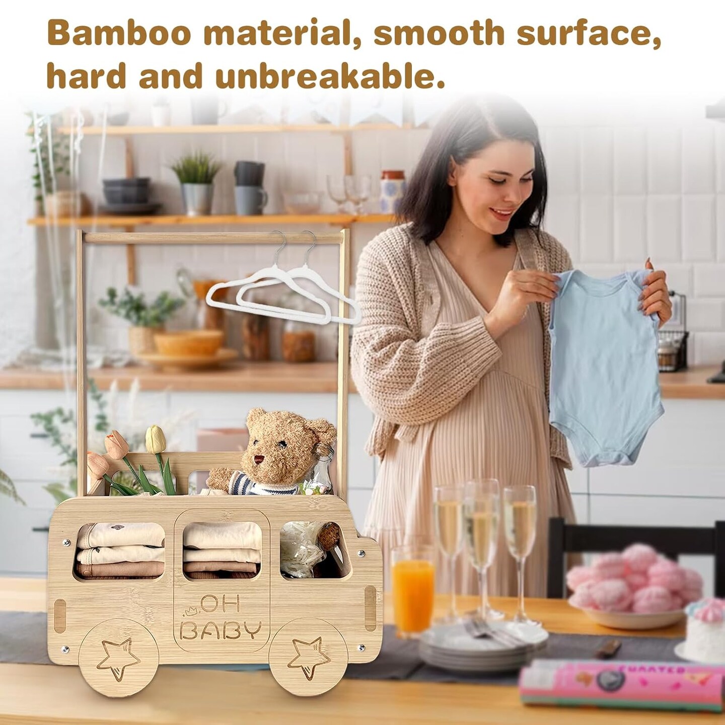 Baby Shower Crate Closet, Bus Shape Baby Shower Basket with Handle Baby Storage Crate, Wooden Crate for Pregnancy New Parent
