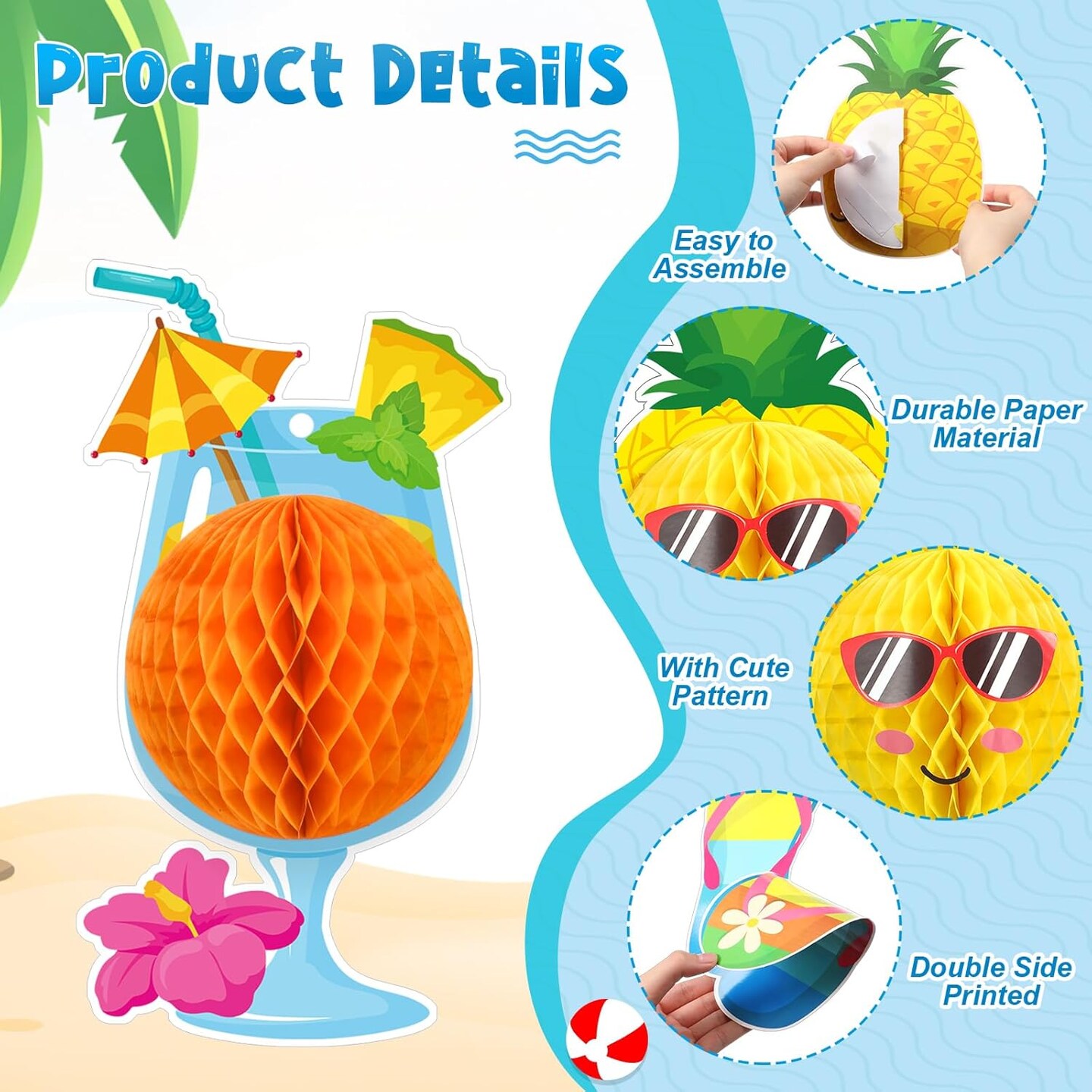 11 Pcs Summer Beach Party Hanging Decorations School&#x27;s Out for Summer Ceiling Hanging Decor with 3D Honeycomb Ball End of School Year Pool Party Ornaments for Luau Hawaii Grad Beach Vacation