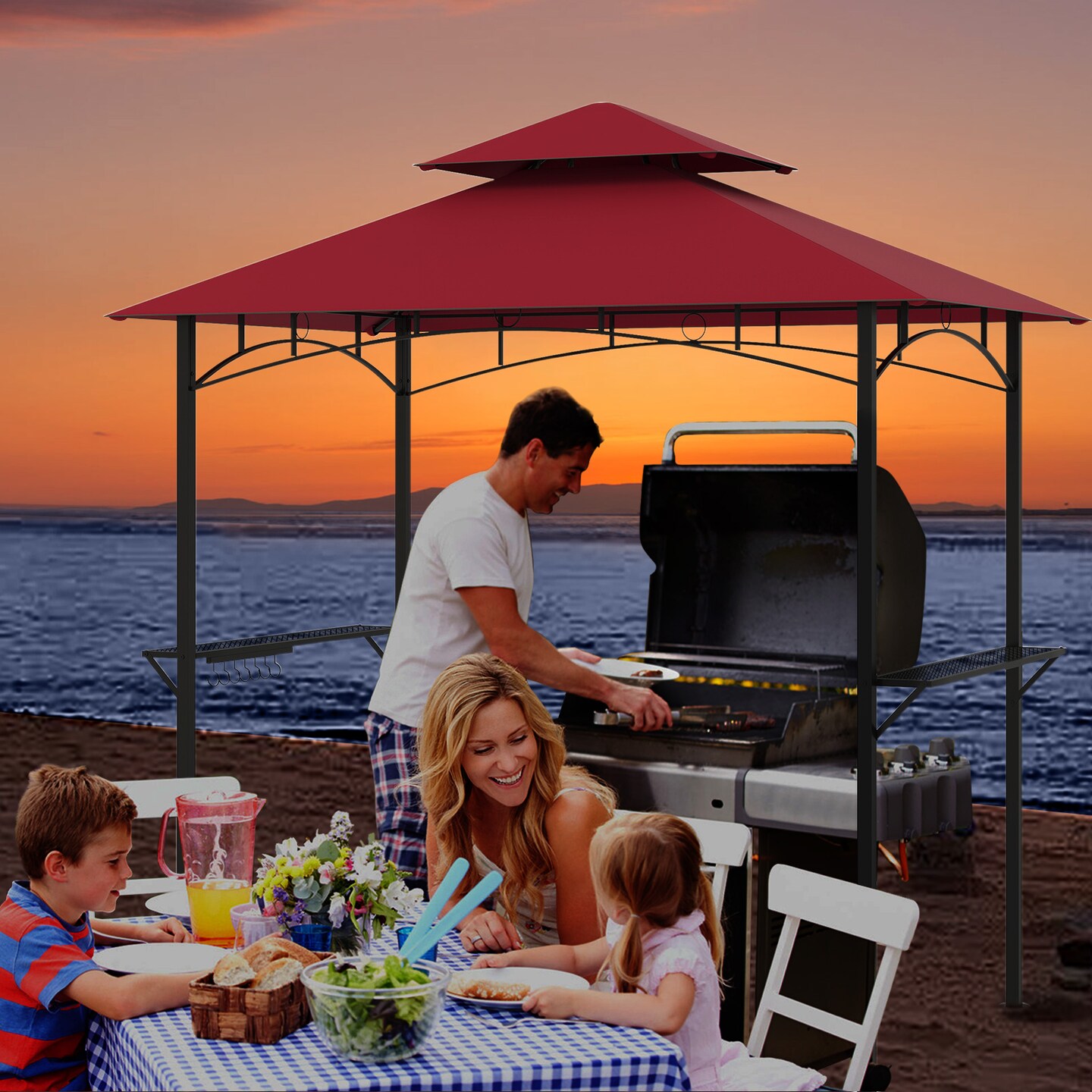 Multi-functional Outdoor Double-Tiered Grill Gazebo Canopy with 2 Side Shelves and 7 Hooks