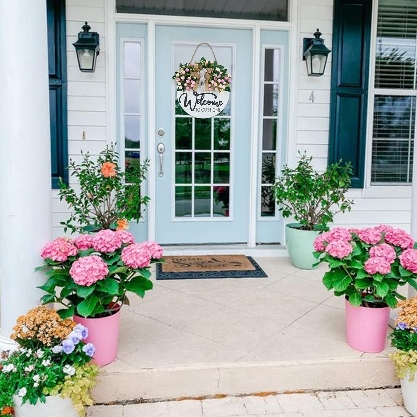 3D Spring Summer Welcome Wreaths for Front Door, Wood Door Hanger,Floral Porch Decor,Wall Plaque, Pink Flower Wreath,Farmhouse White Welcome Sign for Front door-13