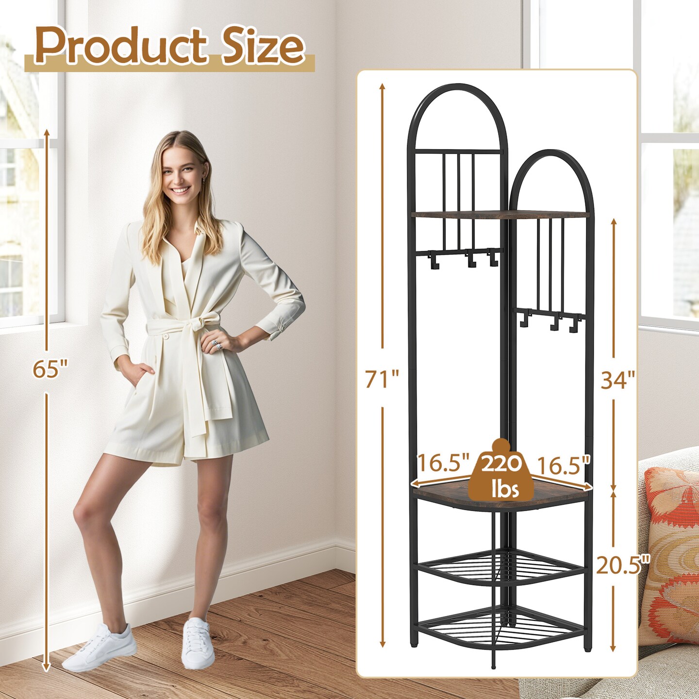 4-Tier Coat Rack Corner Tree with Shoe Bench and Hooks