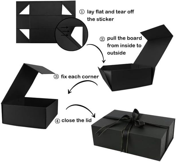 Large Gift Box, Black Gift Box with Magnetic Closure Lid, Ribbon and Card, Present Box