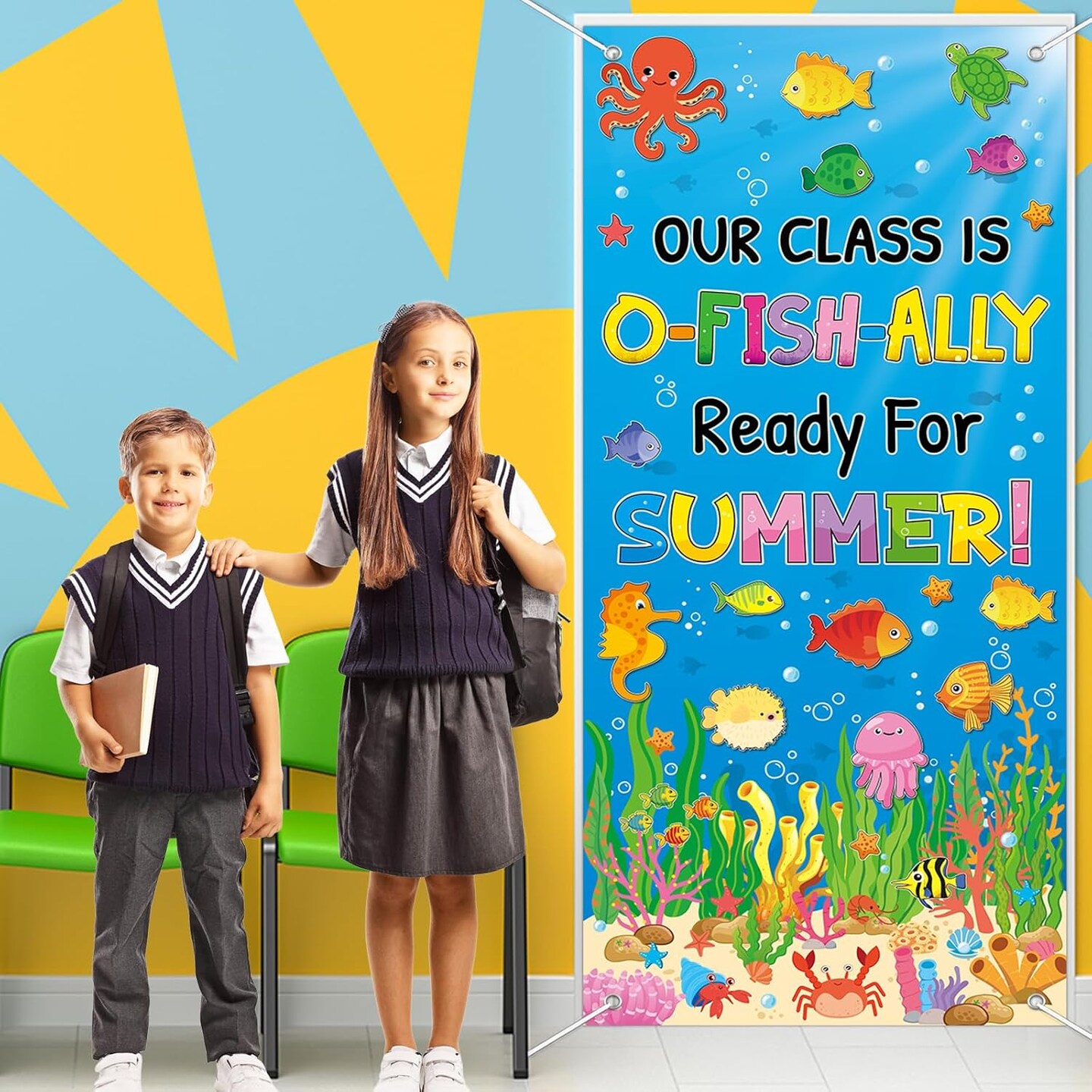 Summer Classroom Door Cover Decoration Our Class Is O-Fish-Ally Ready for Summer Door Banner Ocean Animal Porch Backdrop Sign for School Indoor Outdoor Wall Window Decor Teacher Supplies