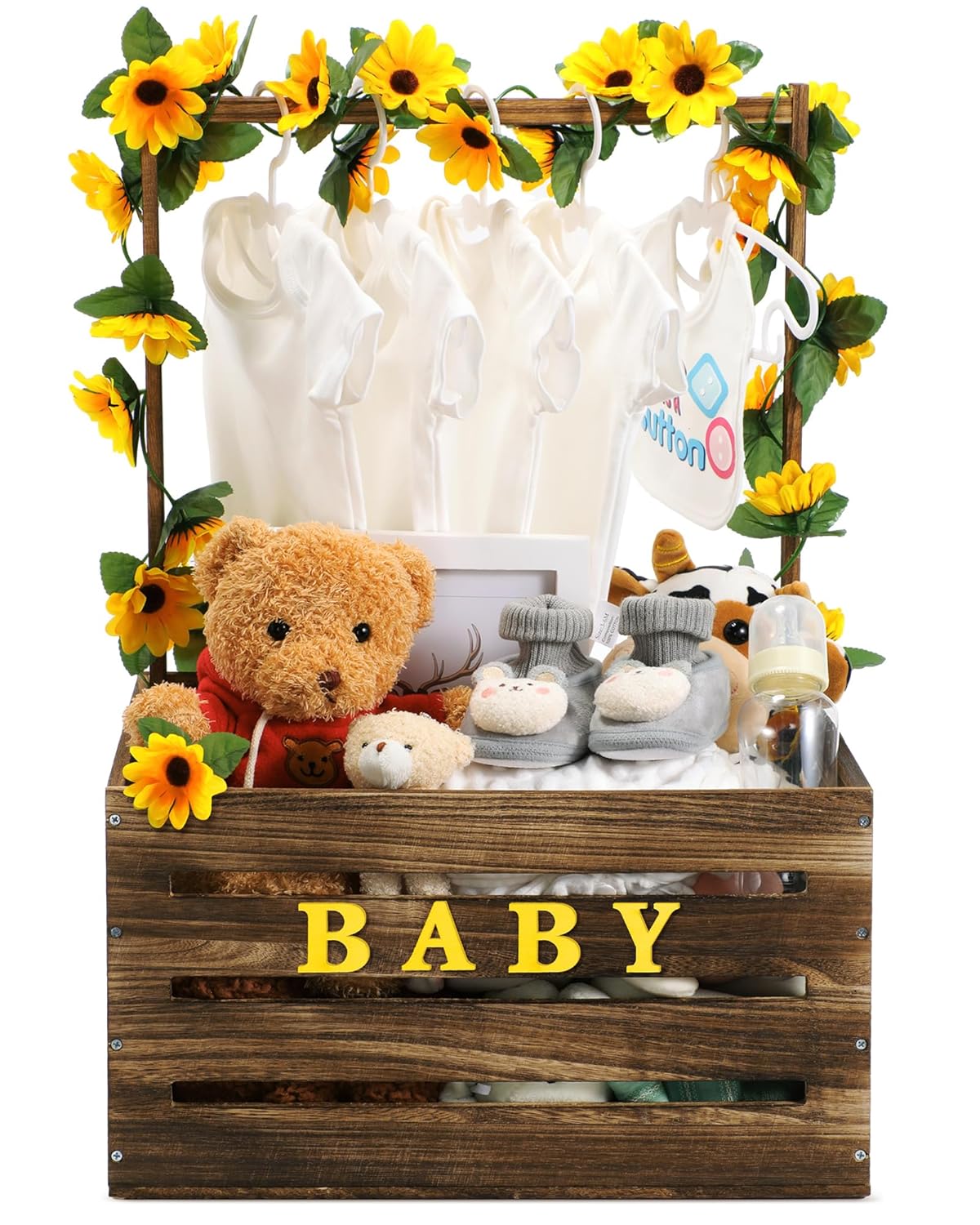 Wooden Baby Shower Crate Closet, Sunflower Theme Baby Basket with Handle and Garland Letter, Baby Storage Crate Hamper, Personailze Baby Shower Wooden Gift Crate for Pregnancy New Parent
