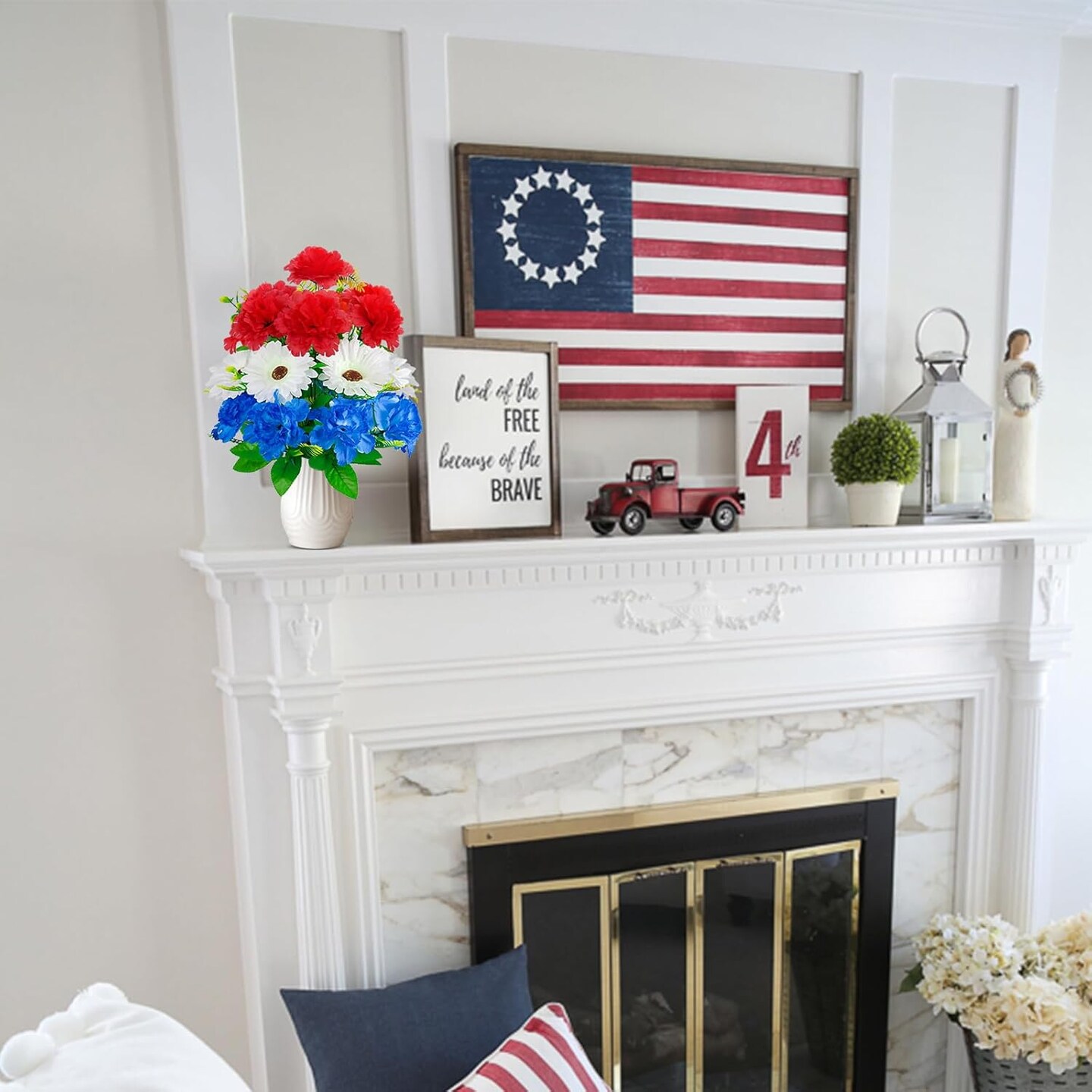2Bundles Patriotic Artificial Flowers Red White and Blue Flowers 4th of July Flowers Silk Flowers Arrangement