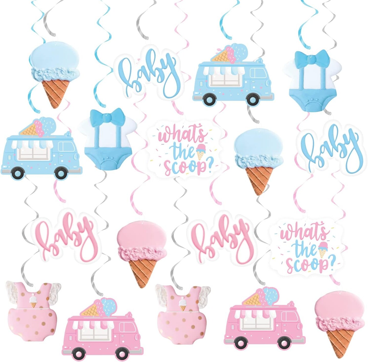 Ice Cream Gender Reveal Party Summer Decor, Pastel Ice Cream What&#x27;s the Scoop Hanging Swirls, Pink Blue Ceiling Streamers for Summer Ice Cream Theme He or She Boy or Girl Baby Shower Mom To Be Party Supplies