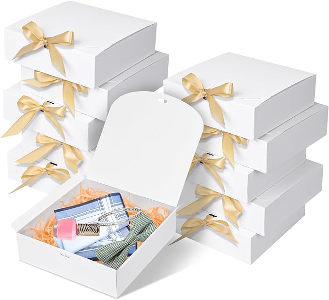 10pack Gift Boxes with Lids, 6.5''x6.5''x2'' White Gift Boxes For Presents, Paper Boxes Gift Boxes with Ribbon for Birthday Wedding Party Chocolate Candy