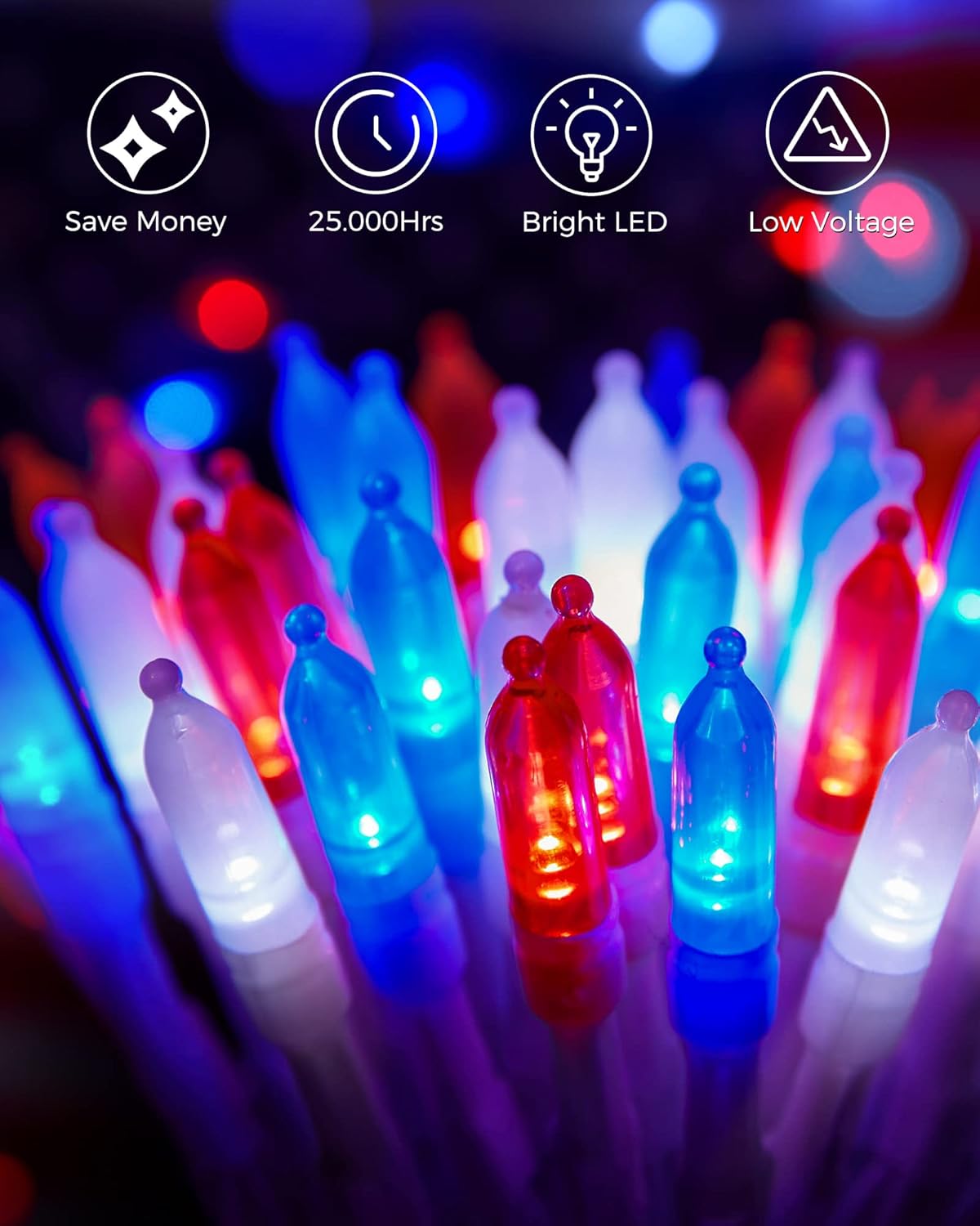 Red White Blue Battery Operated Mini String Lights with 8 Modes- 2 Pack 18 Feet 50 LED Independence Day Decoration Waterproof, Timer for Patriotic Xmas Holiday Party Outdoor Indoor