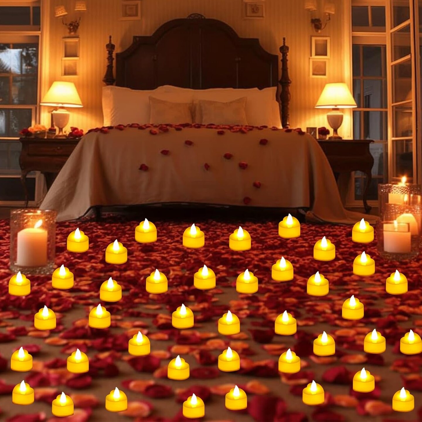 7000 Pieces Artificial Rose Petals with 72 Pieces Romantic Heart Led Tealight Candles, Rose Petals and Candles Set for Weddings Anniversaries Proposals Decor