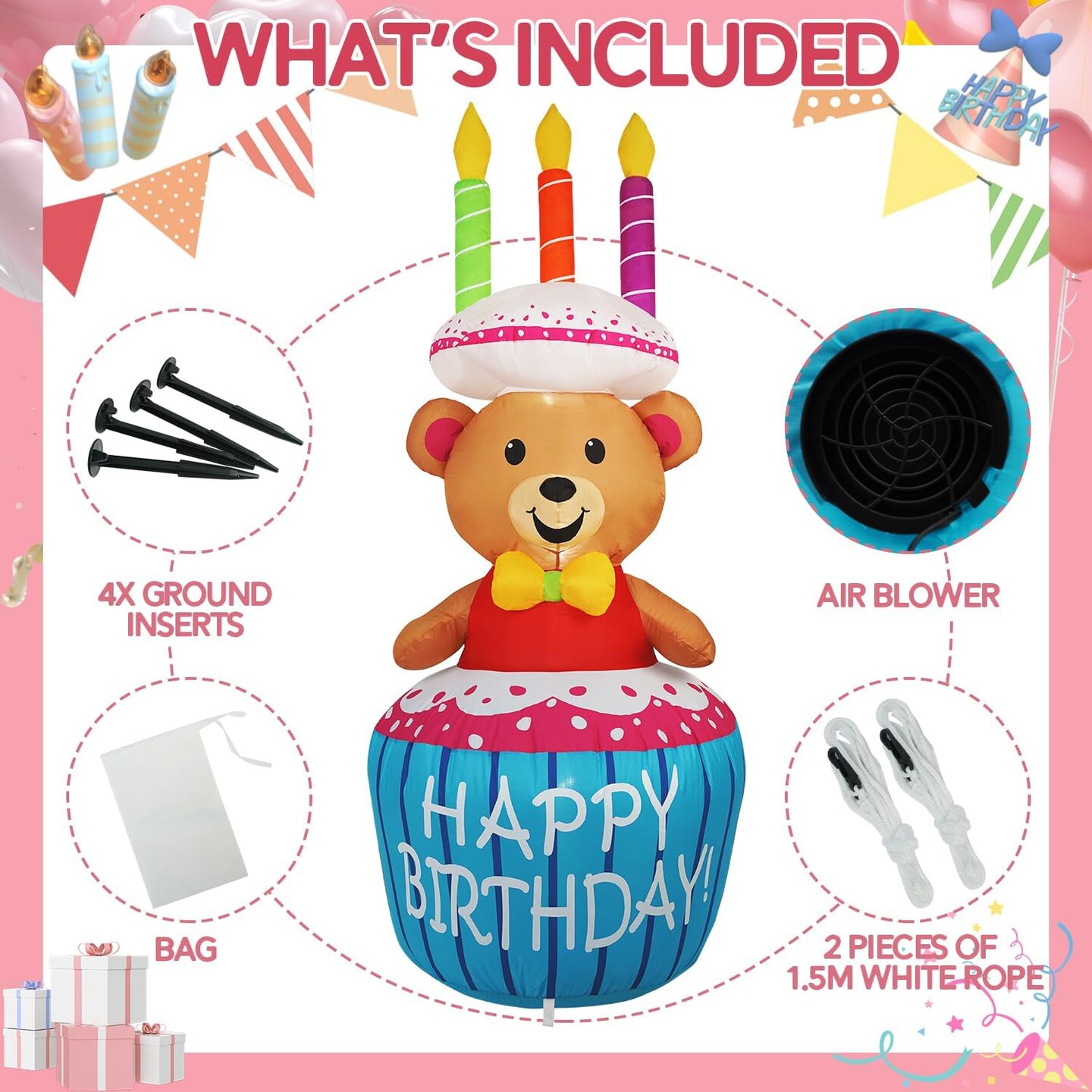 4FT Birthday Cake Birthday Party Outdoor Inflatable Decoration, Outdoor Yard Sign with LED Lights, Birthday Inflatable Decoration for Garden, Yard, Lawn