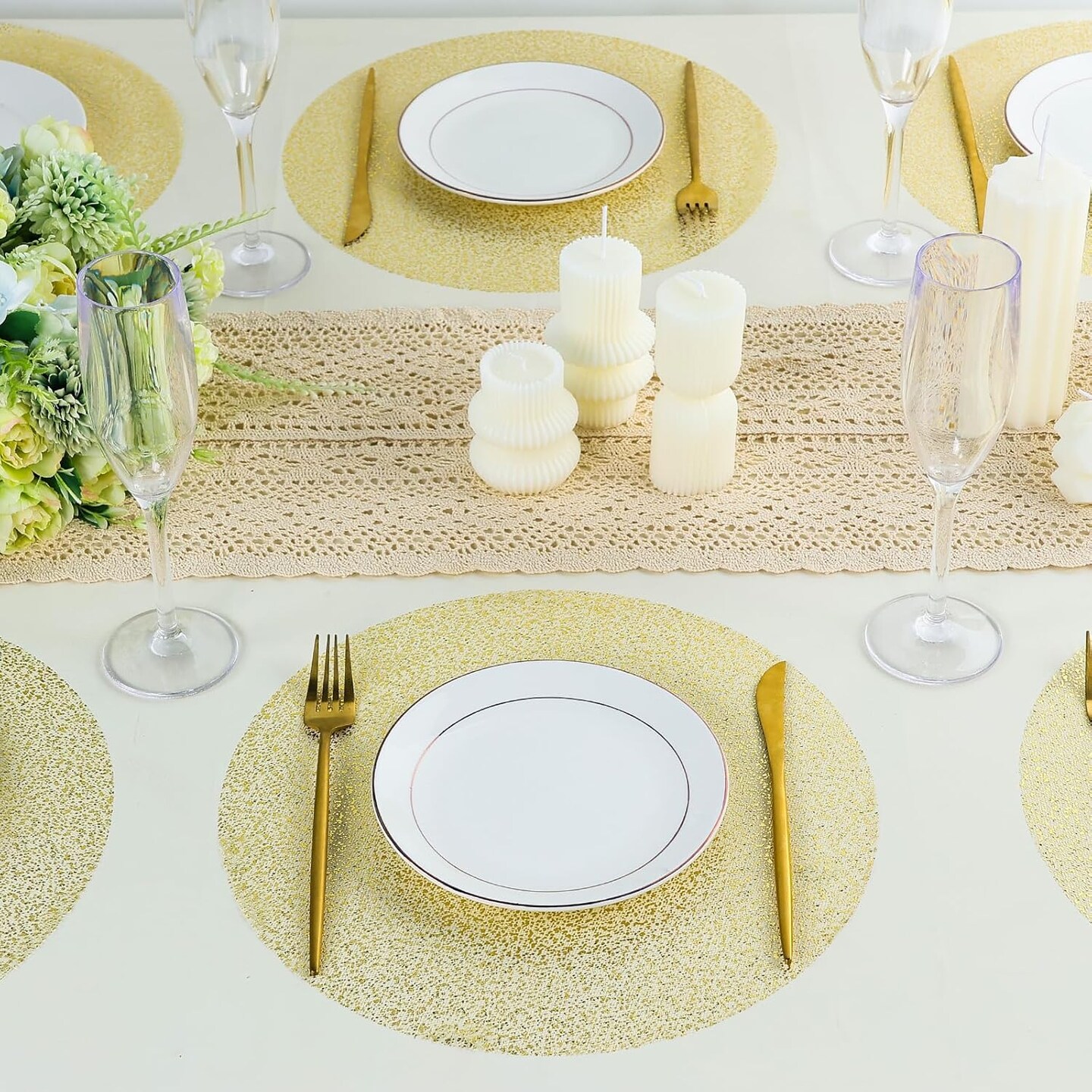 100 Piece Gold Placemats 13 Inch Disposable Gold Foil Place Mats Round Mesh Pressed Paper Placemat