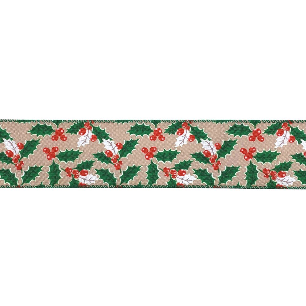 Designer&#x27;s Shop Holiday Holly Berries wired edge ribbons WR 63-5102, 2.5&#x22; x 10 yards