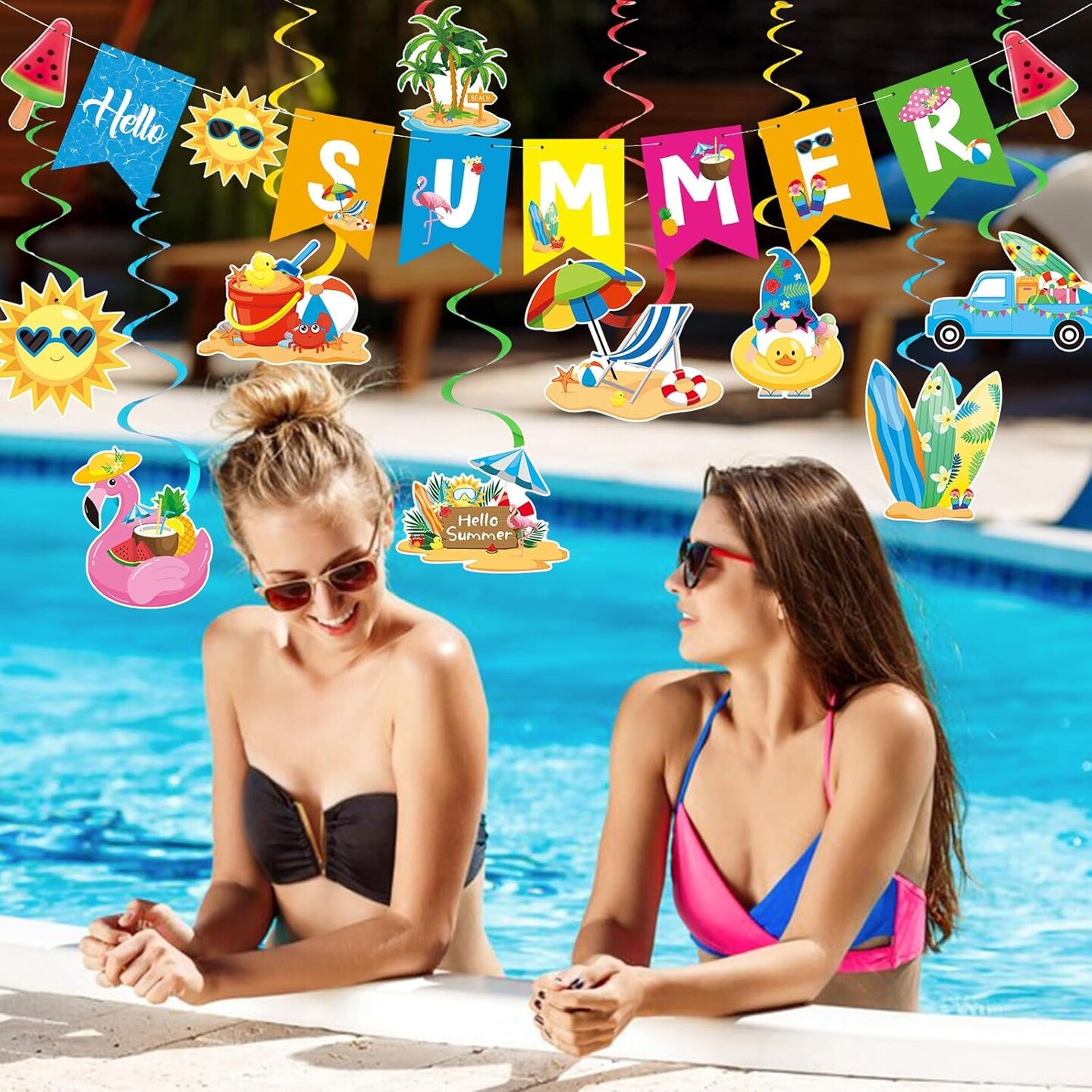 Summer Party Decorations, Beach Party Decorations Hello Summer Banner &#x26; No-DIY Pool Party Decorations Hanging Swirls Streamers Ceiling Decor for Kids Luau Hawaii Home Office School Classroom