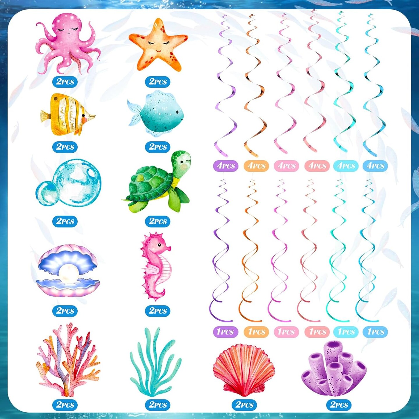 54 Pcs Under the Sea Swirls Decorations Tropical Fish Animals Hanging Banner Ocean Garlands Turtle Ceiling Streamers for Summer Birthday Wedding Baby Shower Supplies Party Decor