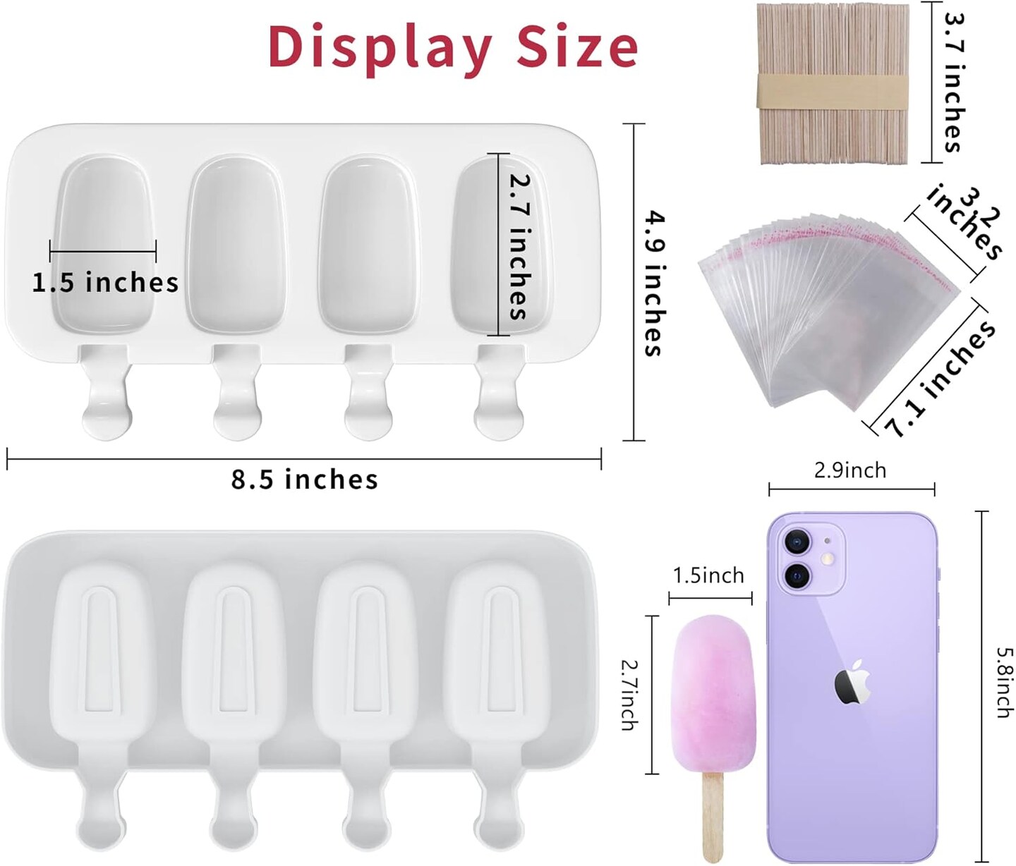 Popsicle Molds Set of 3, 12 Cavities Silicone Popsicle Molds &#x26; Ice Cake Pop Mold Maker Oval with 50 Wooden Sticks &#x26; 50 Self-adhesive Bags for DIY Cake and Ice Cream