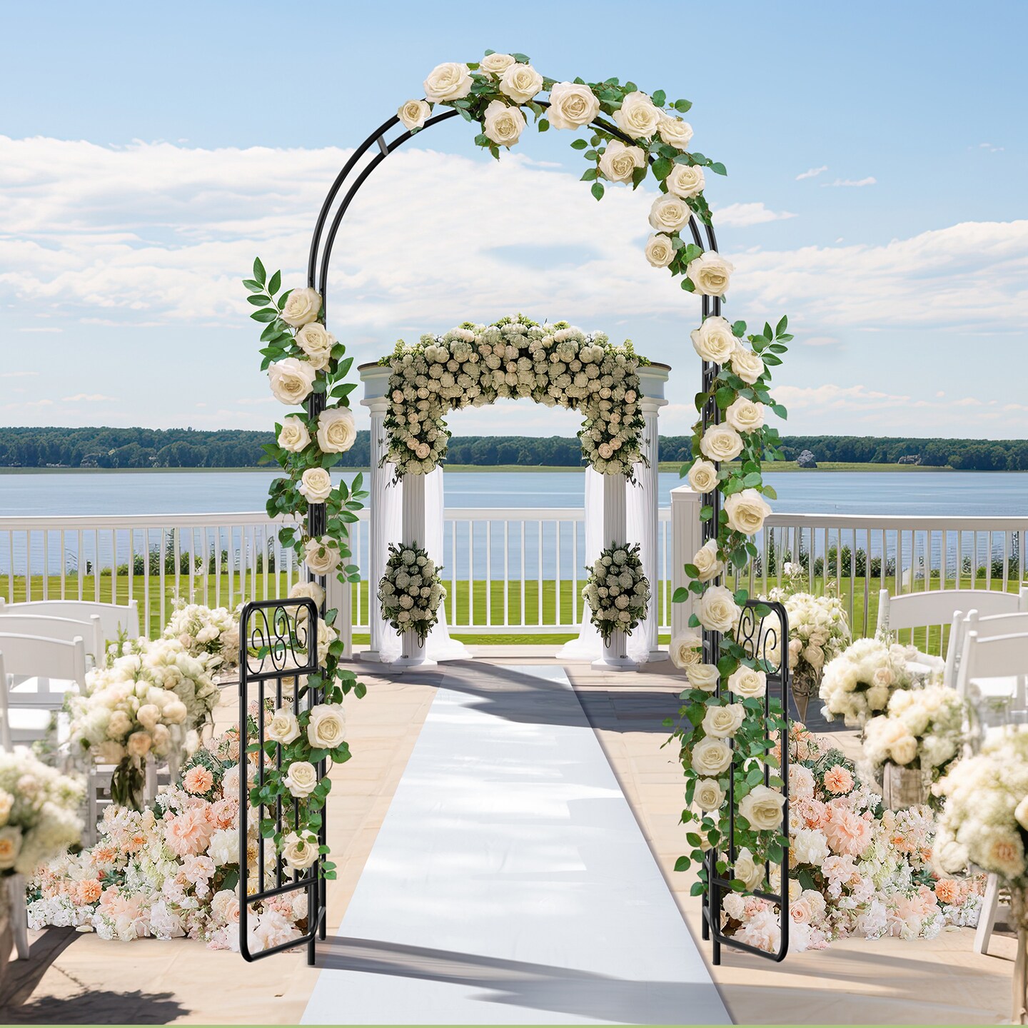 7.2FT Garden Arch Arbor with Gate, Heavy Duty Metal Outdoor Arbour Archway for Climbing Plants, Rust-Resistant Steel Wedding Arch for Patio, Ivy Roses Vines, Lawn Yard Landscape Decoration