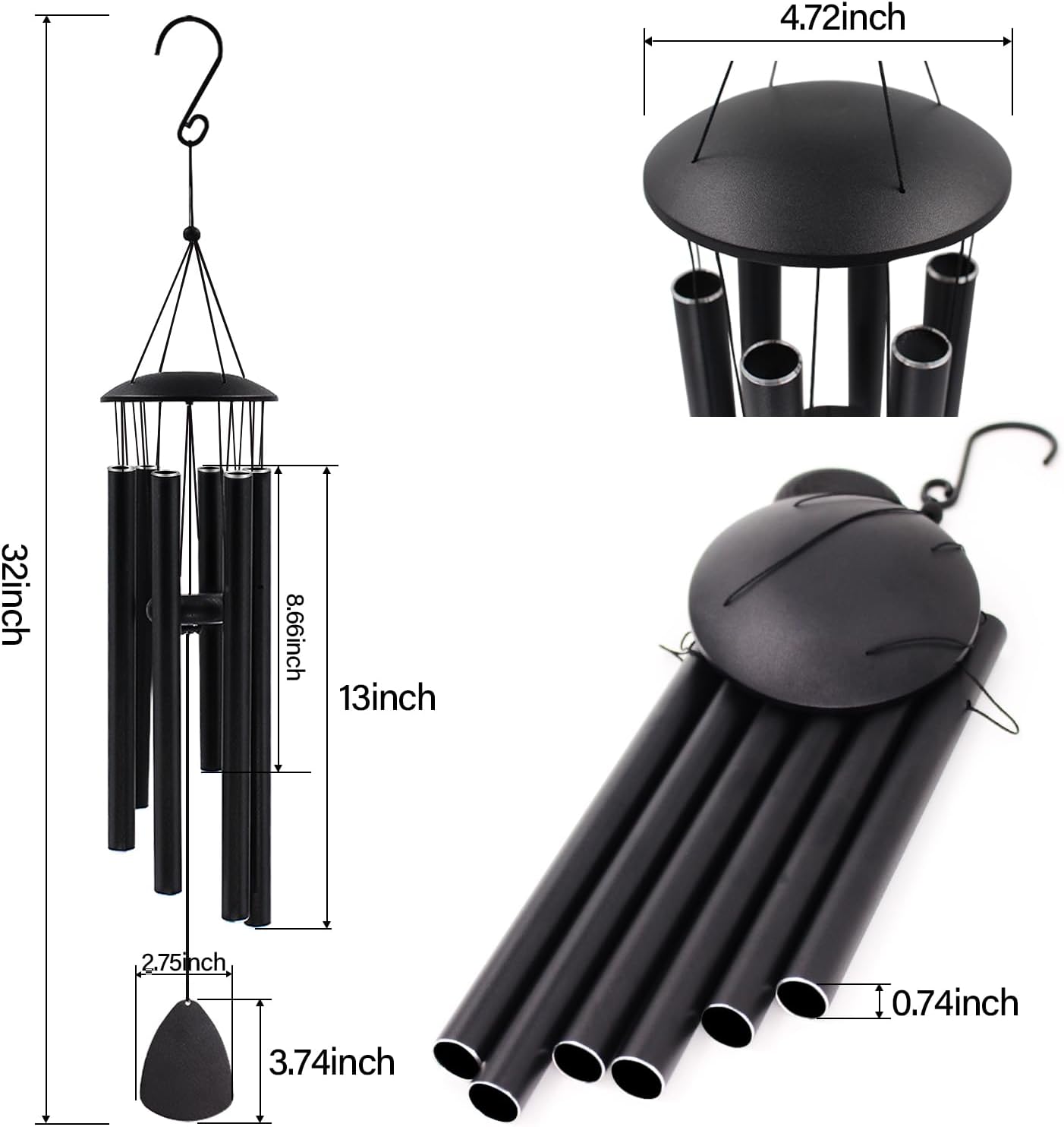 Wind Chimes for Outside, Large Aluminum Wind Chimes &#x2013; Deep Tones &#x26; Soothing Melodies Ideal for Garden, Patio Decor, and Windchimes Outdoors for Loss of Loved One (32&#x27;&#x27; Black)