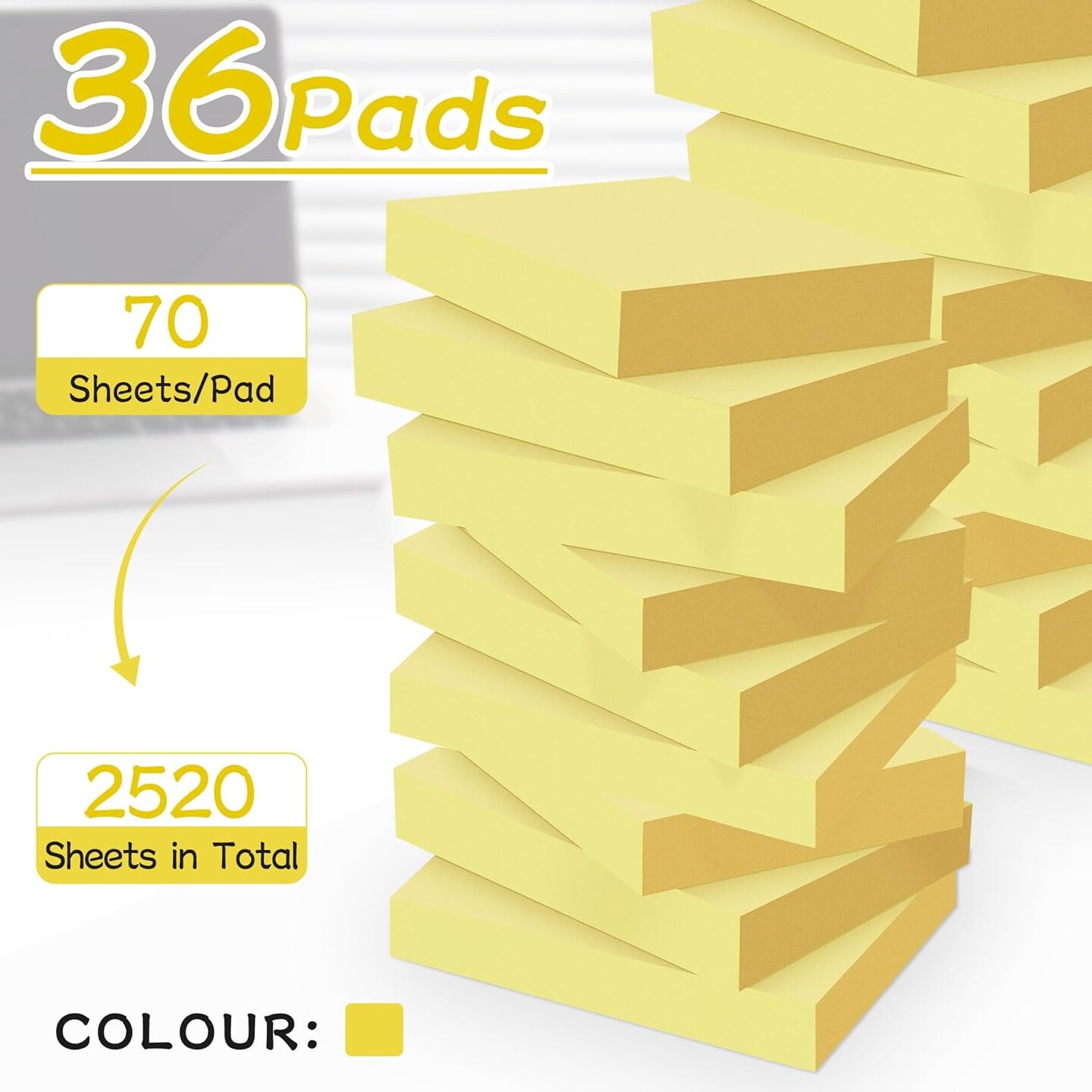 Mini Sticky Notes, 36 Pad Canary Yellow Strong Adhesive Post, Suitable for School, Home, Office, Clean Removal