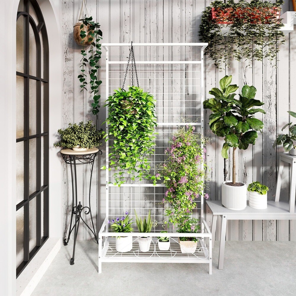 Multi-Tier Tall Metal Flower Plant Stand with Trellis & Hanging Bar