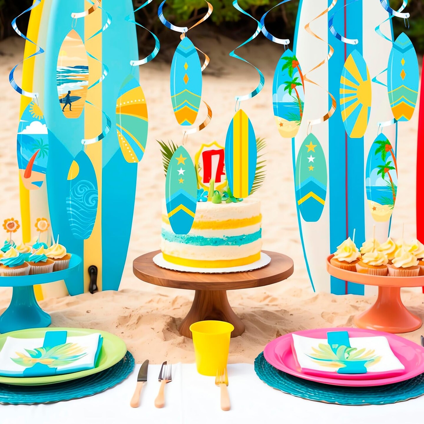 20pcs Surfing Surfboard Party Hanging Swirls Summer Surfing Birthday Party Decoration Surfboard Themed Swirl Ceiling Hanging Streamers for Summer Beach Surf Party Baby Shower Supplies