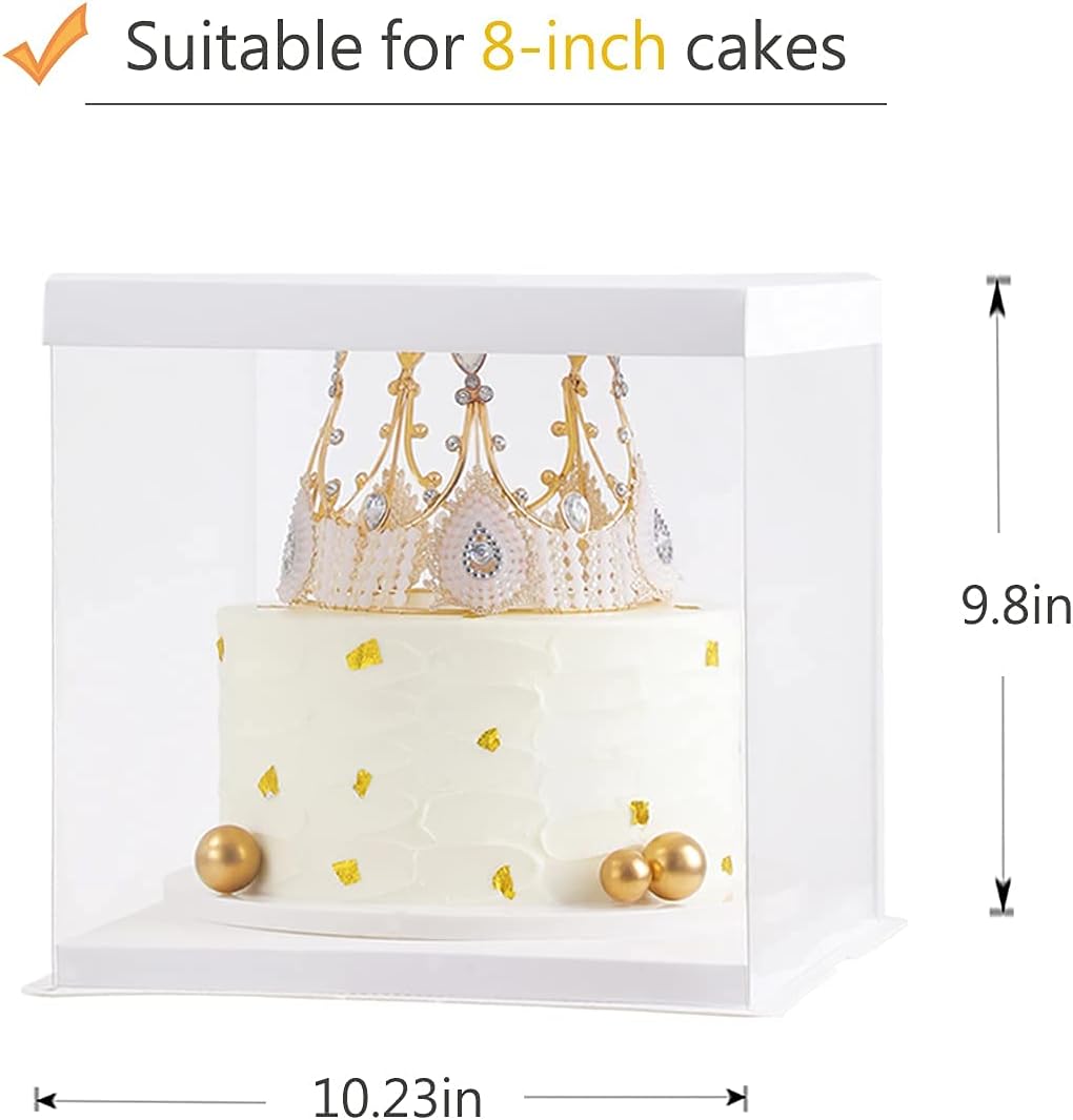 2-Pack Large Cake Boxes, 10"x10"x9" Clear PET Cake Carrier with Ribbon & Pre-Folded Lid – Perfect for 8" Cakes, Layer Cakes, Cupcakes, Desserts, and Gift Display (White Base)