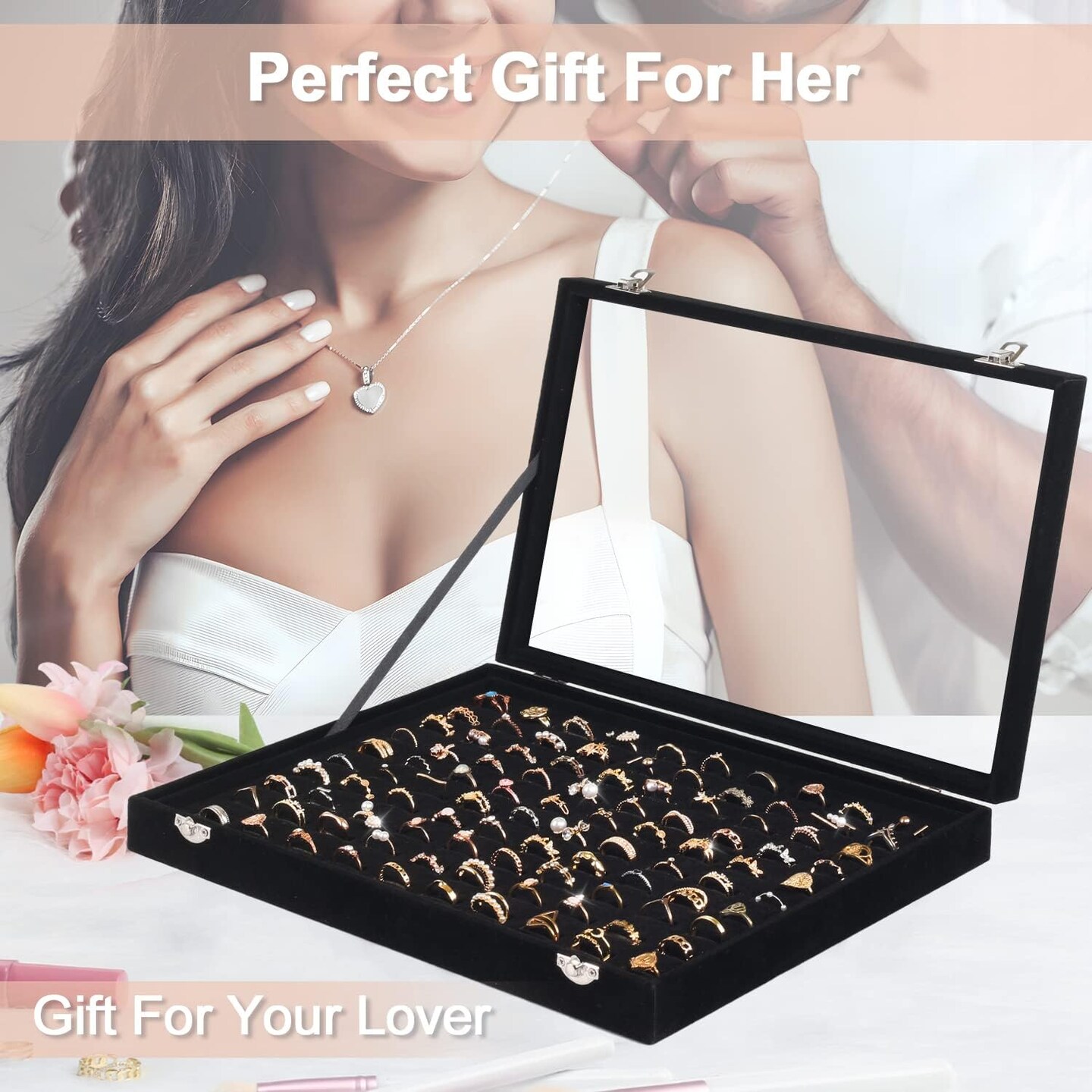 Ring Organizer for Jewelry, Ring Holder Box with Clear Lid, Dustproof Velvet Rings Display Tray Storage Case