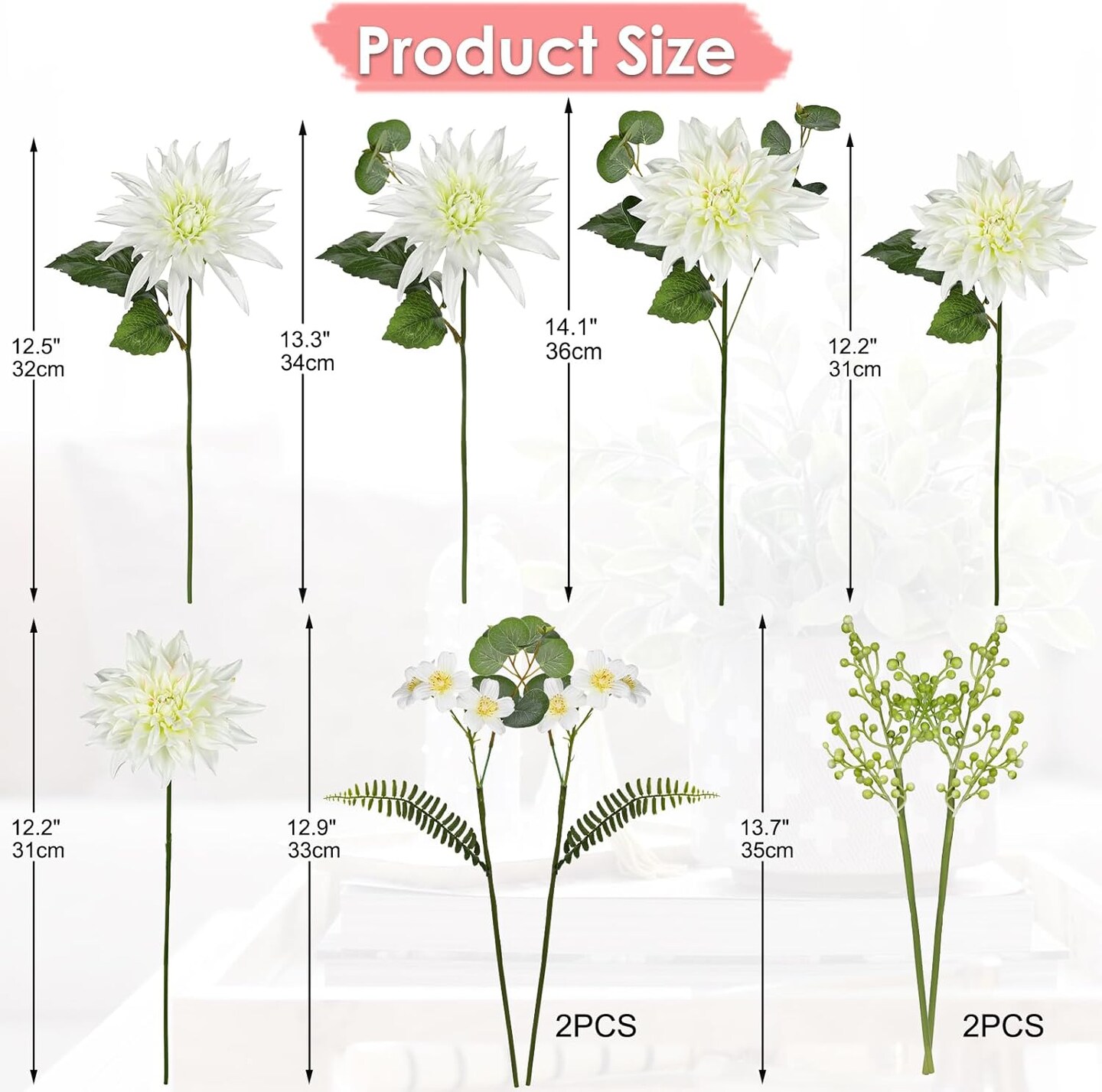 Summer Artificial Dahlia Flowers 14.1" – Realistic White Silk Dahlias & Daisies – Faux Floral Arrangement for Vase, Tabletop Decor, Wedding, DIY Bridal Bouquet, Party & Home Décor