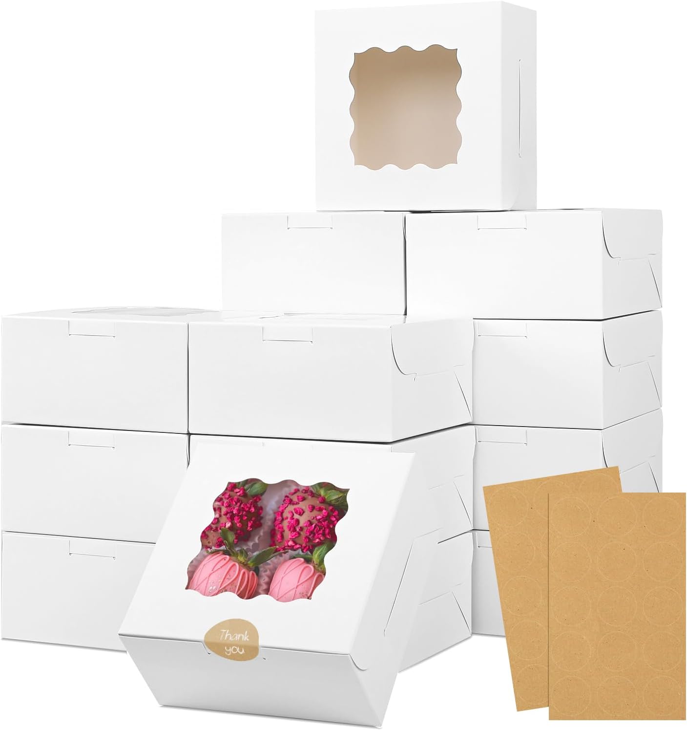 30pcs Bakery Boxes, 6x6x3 Inches Cookie Box with Window, White Treat Containers for Small Pie, Chocolate Covered Strawberries, Cupcake and Easter Pastry