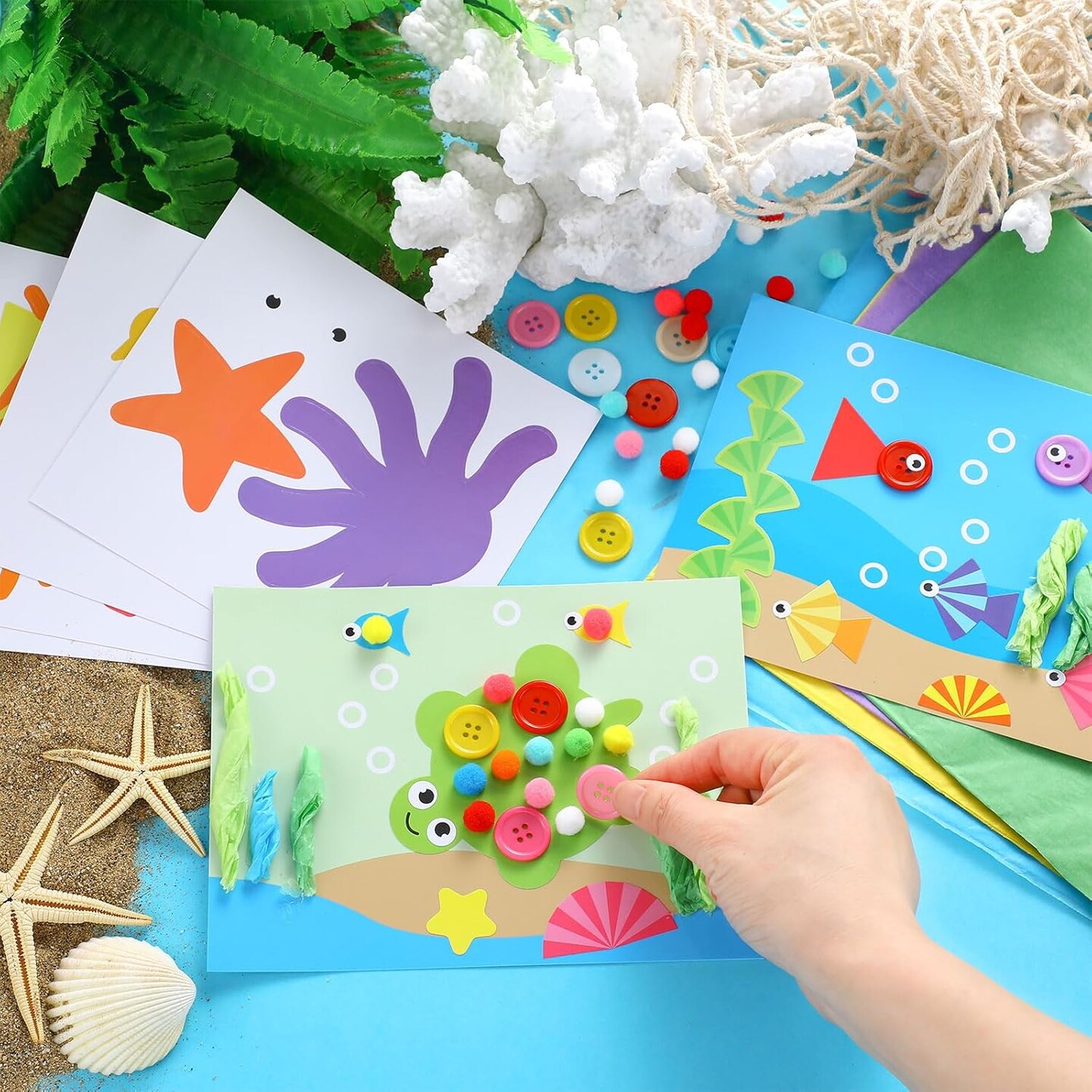 24 Sets Summer Sea Animal Crafts Make a Ocean Animals Stickers Scene DIY Under The Sea Button Fish Craft for Summer