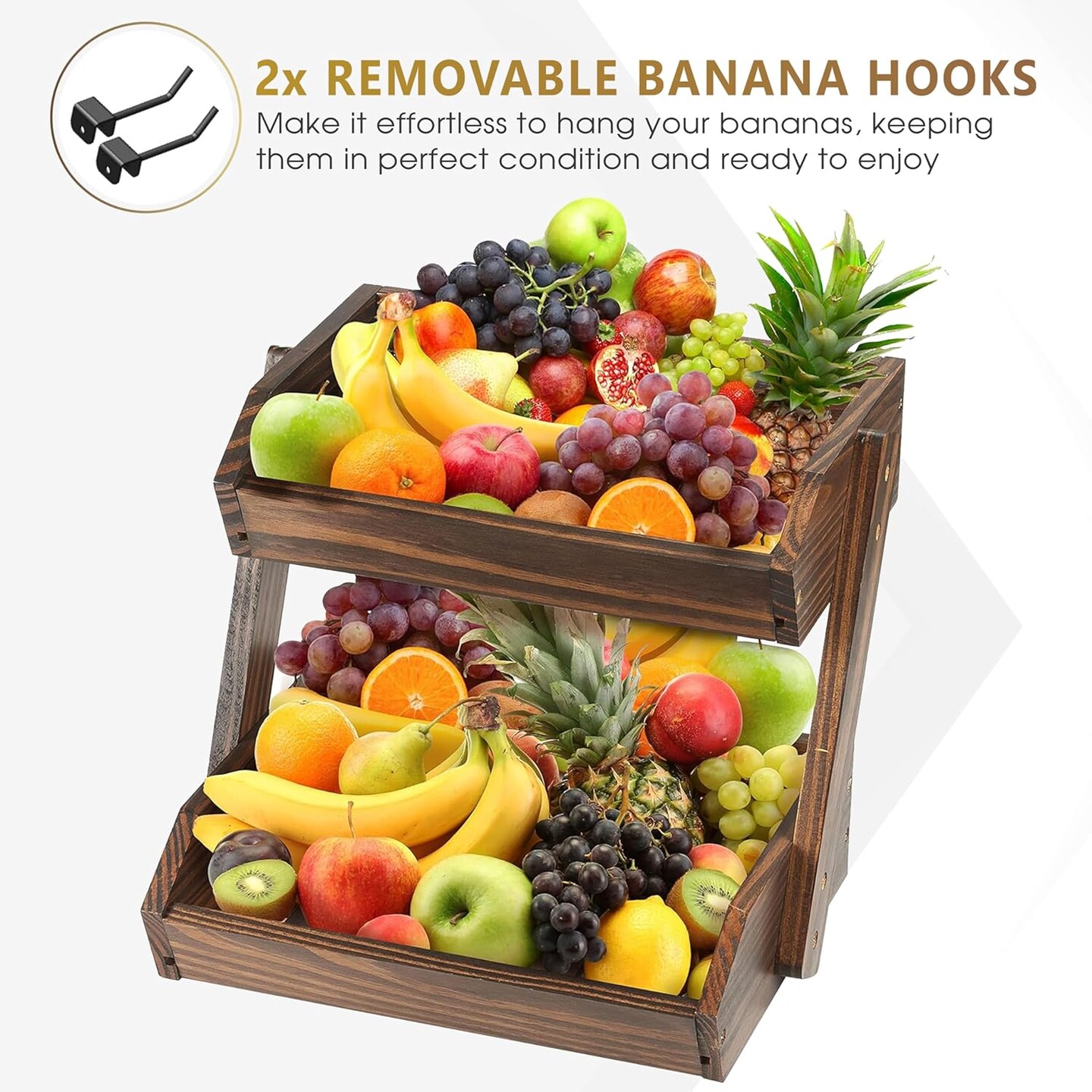 Large Capacity 2-Tier Wooden Fruit Basket, Durable Acacia Wood, 10.5&#x22; Tall, Spacious for Produce, Vegetables, Bread Storage and Home Kitchen Countertop