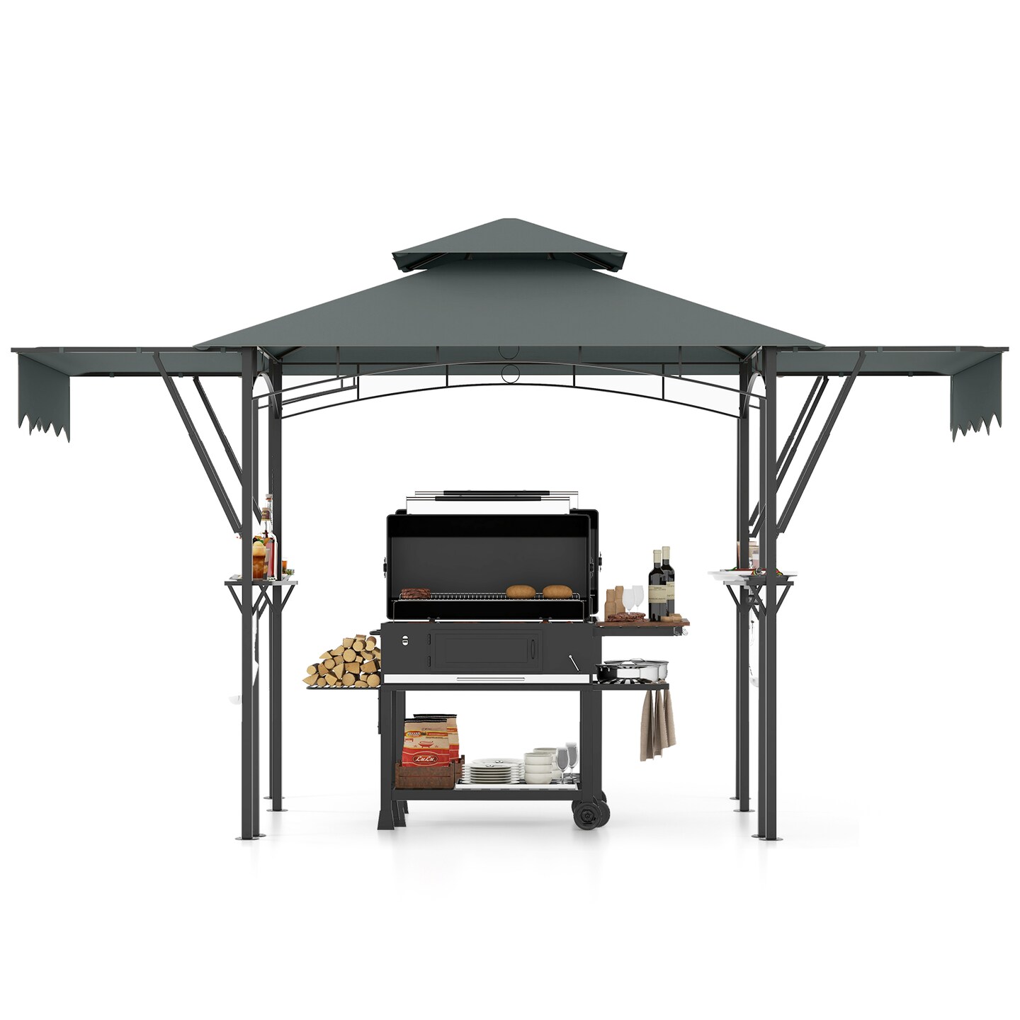 13 x 5 Feet Dual Side Awnings Grill Gazebo with 2 Shelves Adjustable Shadow and Metal Frame