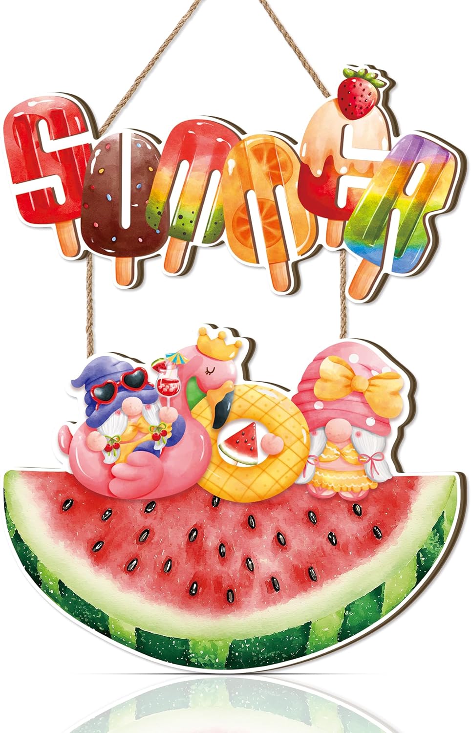 Hello Summer Door Sign,Watermelon Door Hanger,Summer Welcome Wood Decor,Watermelon Gnome Hanging Decor,Popsicle Ice Lolly Ice Cream Wall Plaque for Outdoor Home Office Yard Porch Pool Party