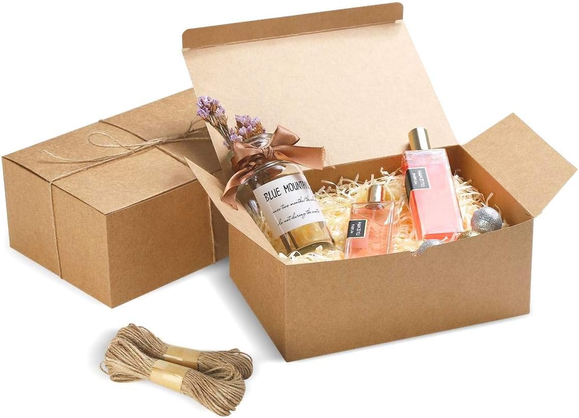 Brown Gift Boxes 9.45x6.5x4 Inches 10 Pack&#xFF0C; Paper Gift Box With Lids for Bridesmaid Gifts, Birthday, Party, Christmas&#xFF0C;Wedding, Crafting Cupcake Boxes, With 66 FT Twine