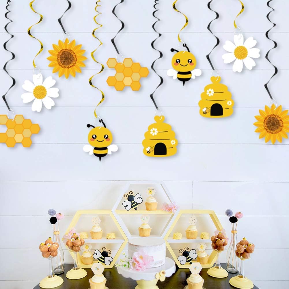 20-Piece Bumble Bee Hanging Swirl Decorations | Honey Bee Foil Ceiling Streamers for Kids' Birthday, Baby Shower, Gender Reveal & Bee Themed Party Supplies
