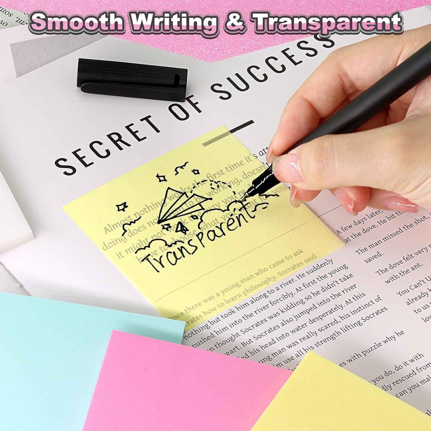 Transparent Sticky Notes 12 Pack, Frosted Glitter Colored 3x3 Inch, High Transparency Glass-Like Adhesive Clear Seee Through Sticky Notes for Women Office School Supplies 600 Sheets