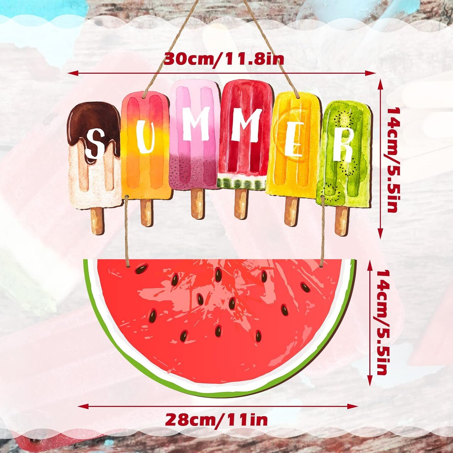 Hello Summer Decorations for Home Watermelon Door Hanger Sign 11 x 11.8 Inch Wooden Welcome Hanging Door Sign Decorative Ice Lolly Sunmmer Wall Decor for Front Door Wall Home
