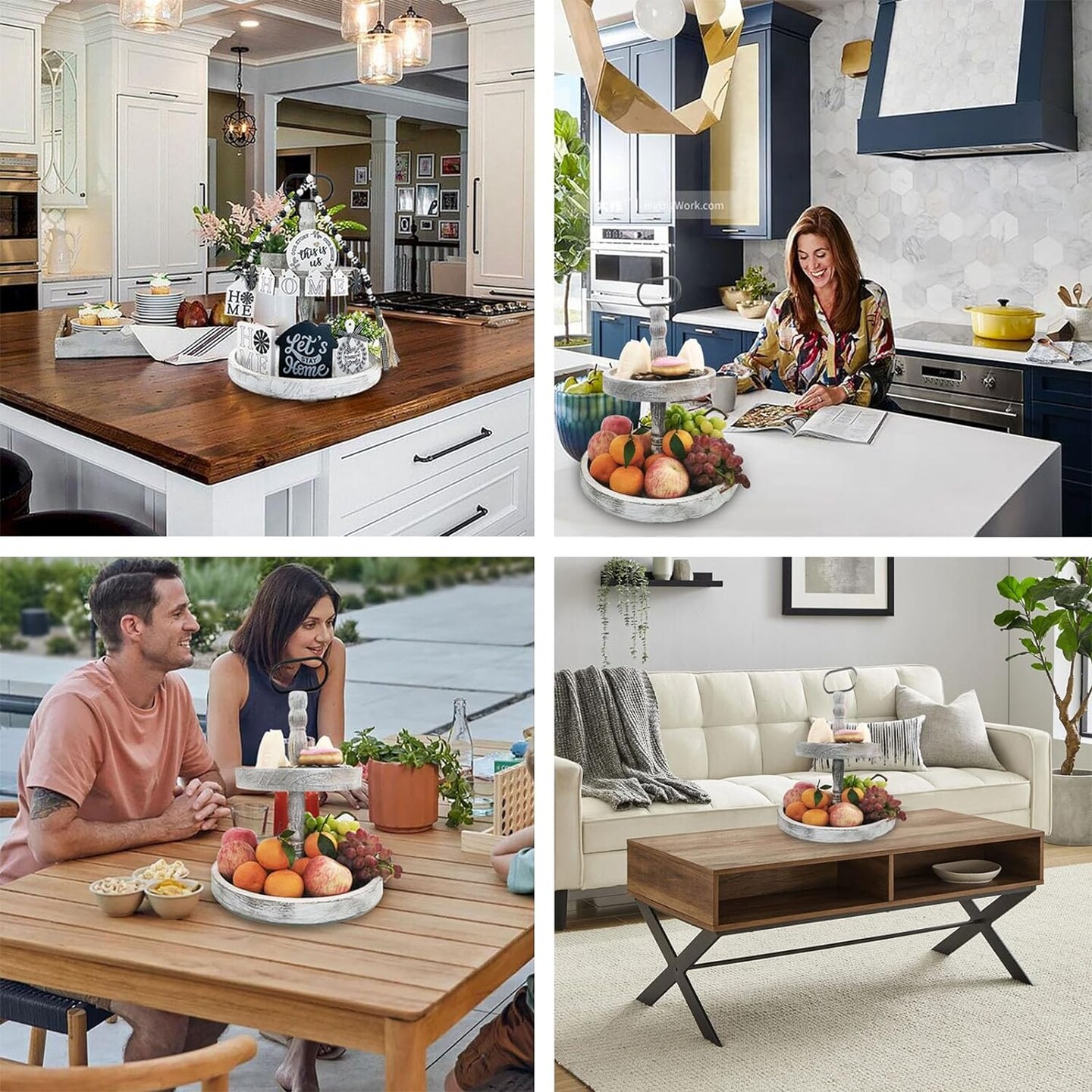 2 Tiered Tray Stand for Home Decor, Wooden Serving Tiered Tray for Coffee Bar Table Centerpiece, Decorative Trays Kit