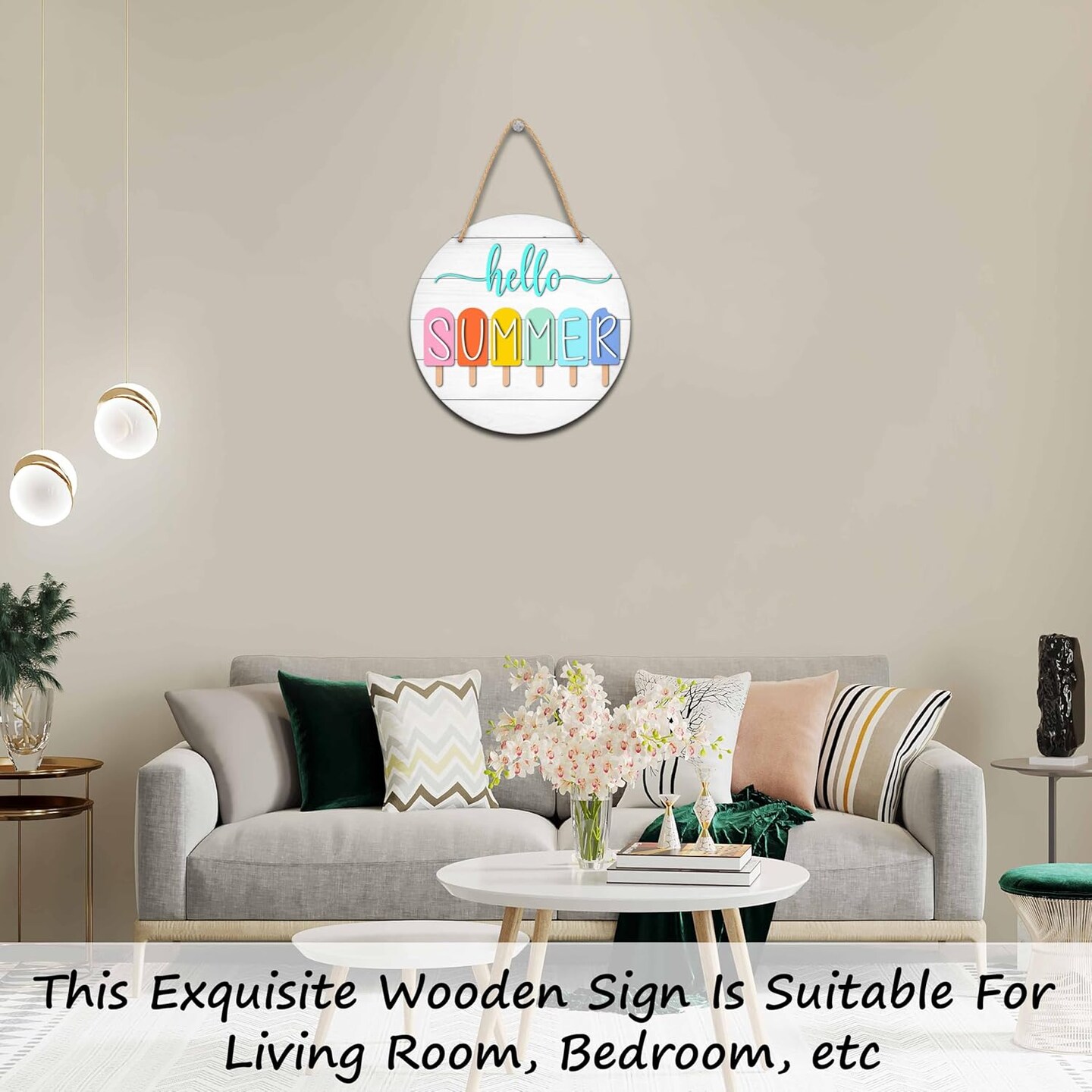 Summer Welcome Sign for Front Door, Hello Summer Wooden Signs Wall Decor, Popsicle Round Hanging Sign With Rope, Summer Decor For Home Front Door Porch, A10