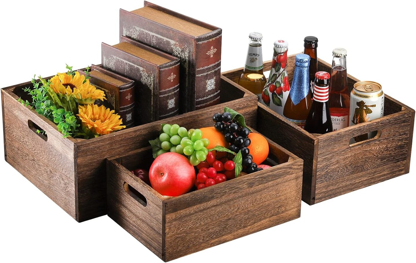 Set of 3 Wood Nesting Storage Crates with Handles, Decorative Farmhouse Wooden Crates Storage Containers Rustic Handmade Natural Solid Wood Basket